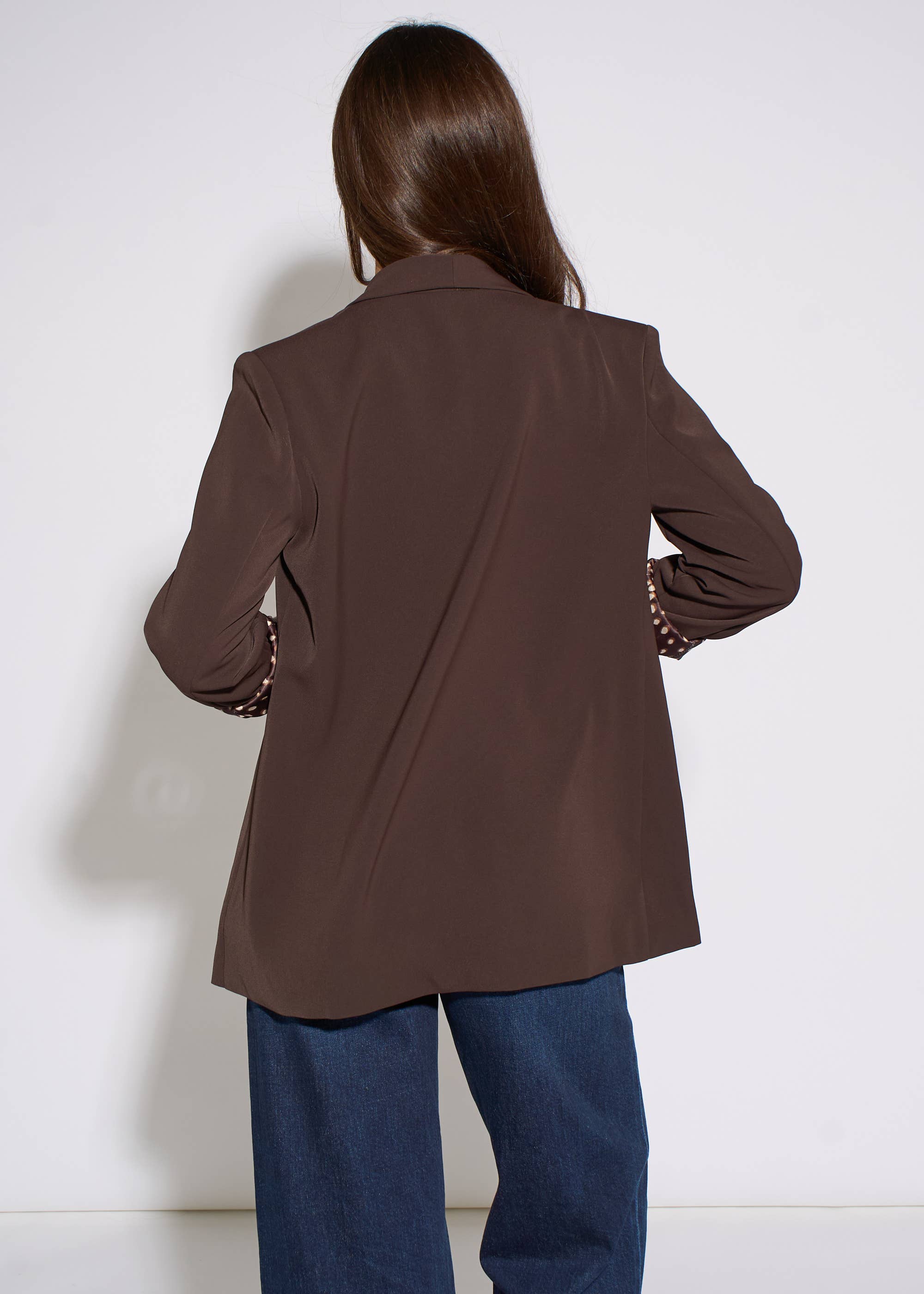 Brown Contrast Animal Sleeve Edge To Edge Blazer