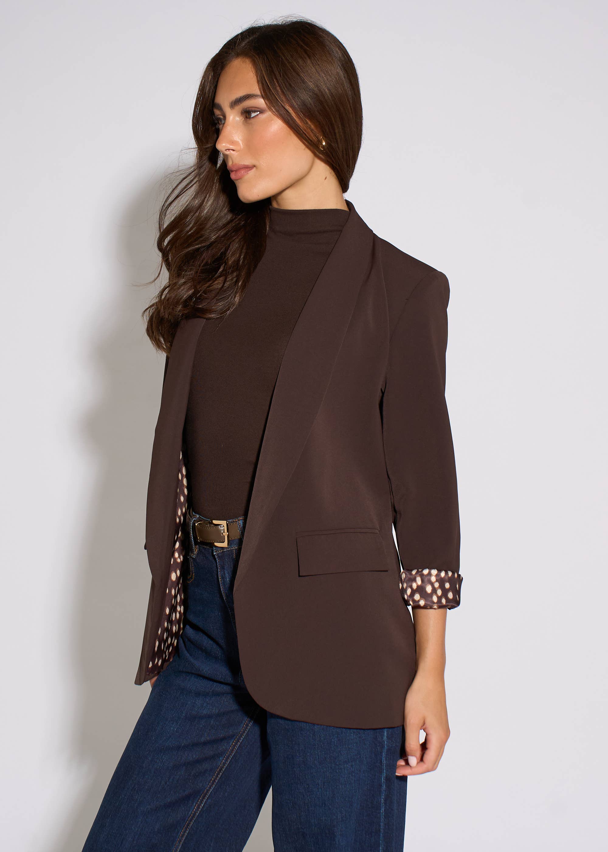 Brown Contrast Animal Sleeve Edge To Edge Blazer