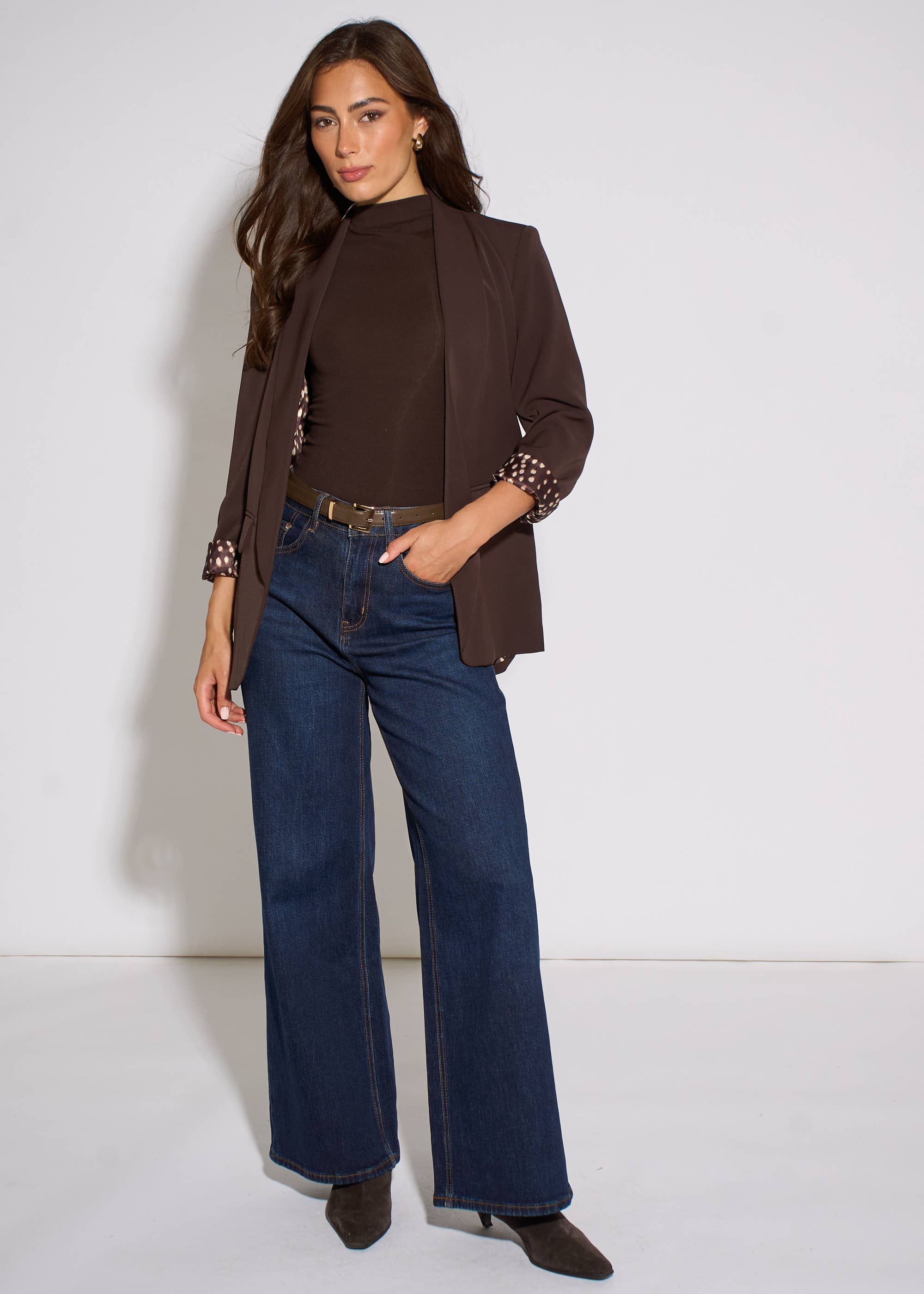 Brown Contrast Animal Sleeve Edge To Edge Blazer