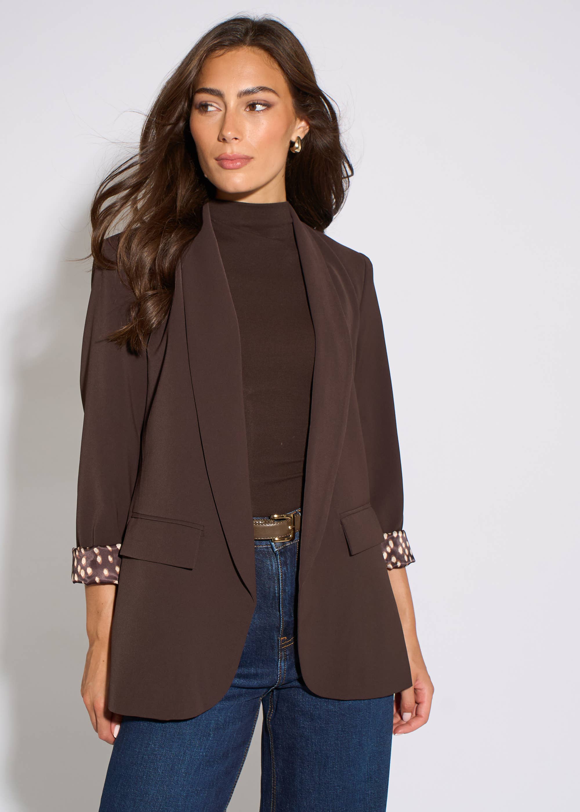 Brown Contrast Animal Sleeve Edge To Edge Blazer