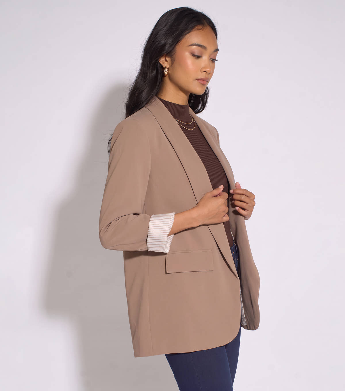 Mocha Contrast Sleeve Edge To Edge Blazer