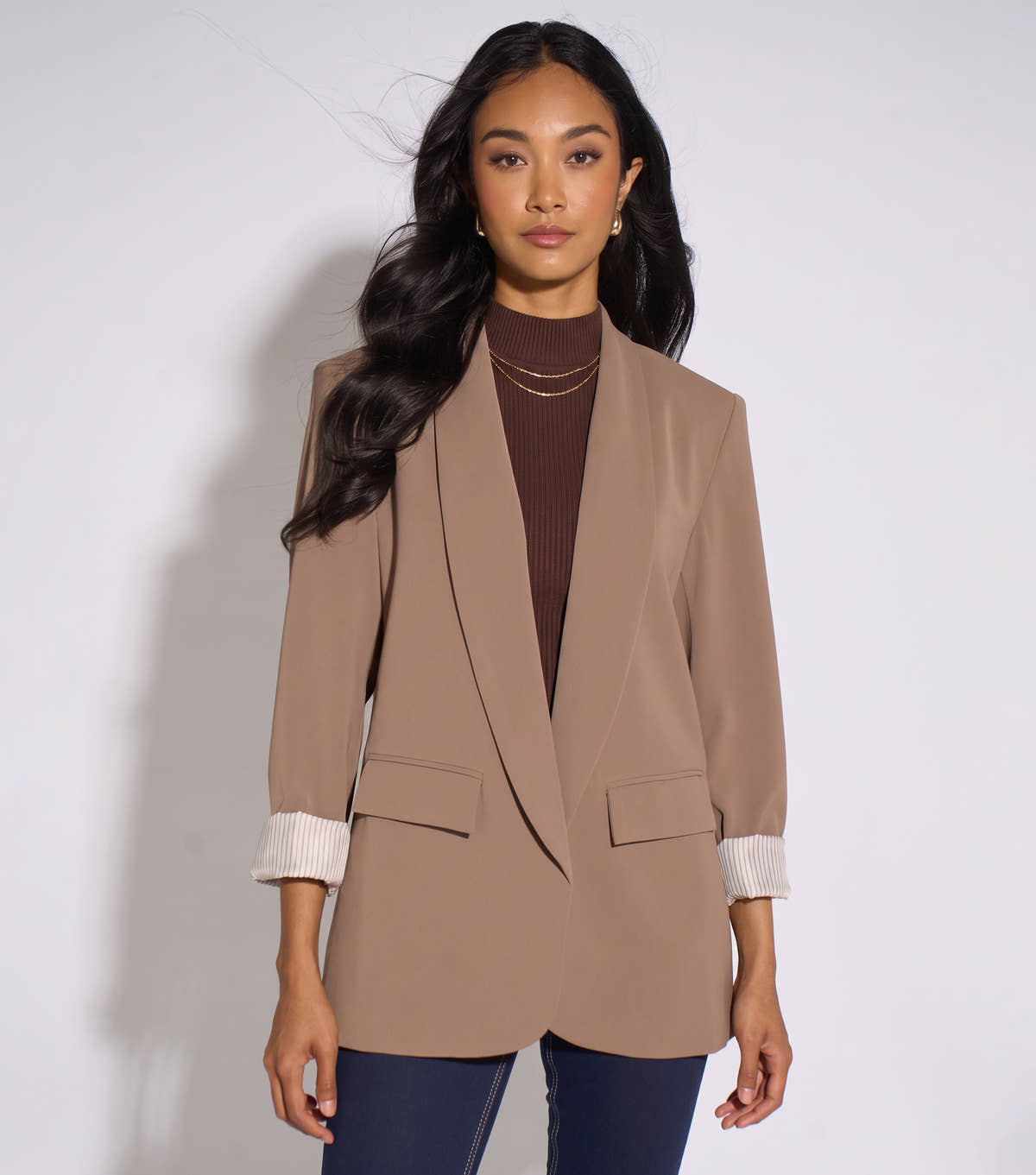 Mocha Contrast Sleeve Edge To Edge Blazer