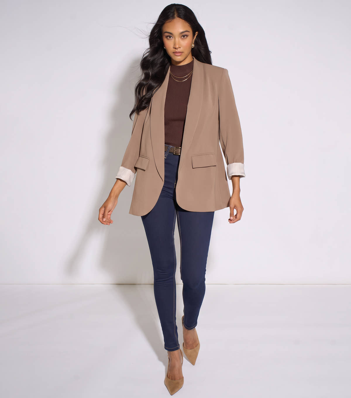 Mocha Contrast Sleeve Edge To Edge Blazer
