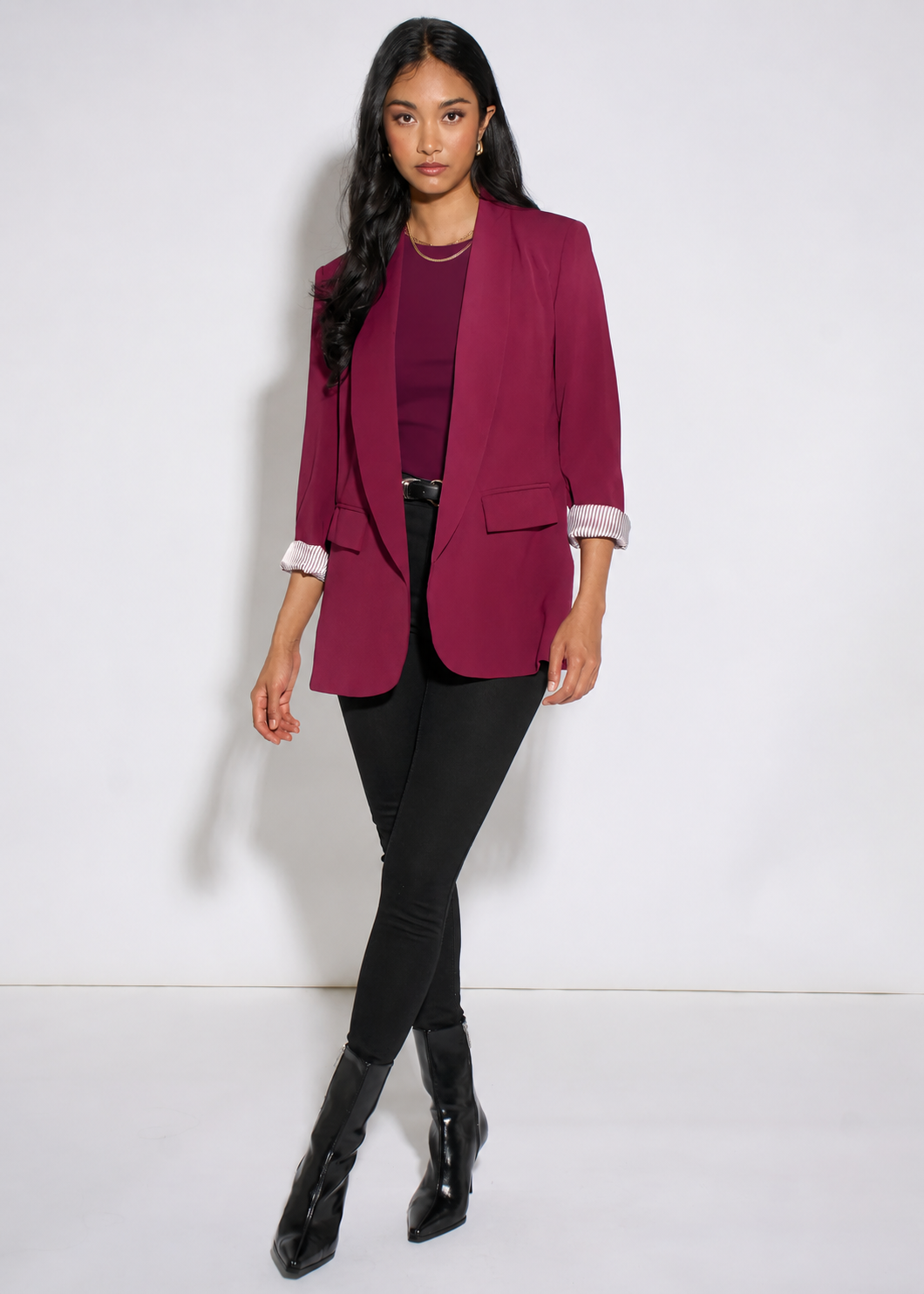Mulberry Contrast Sleeve Edge To Edge Blazer – View 3 | Gini London