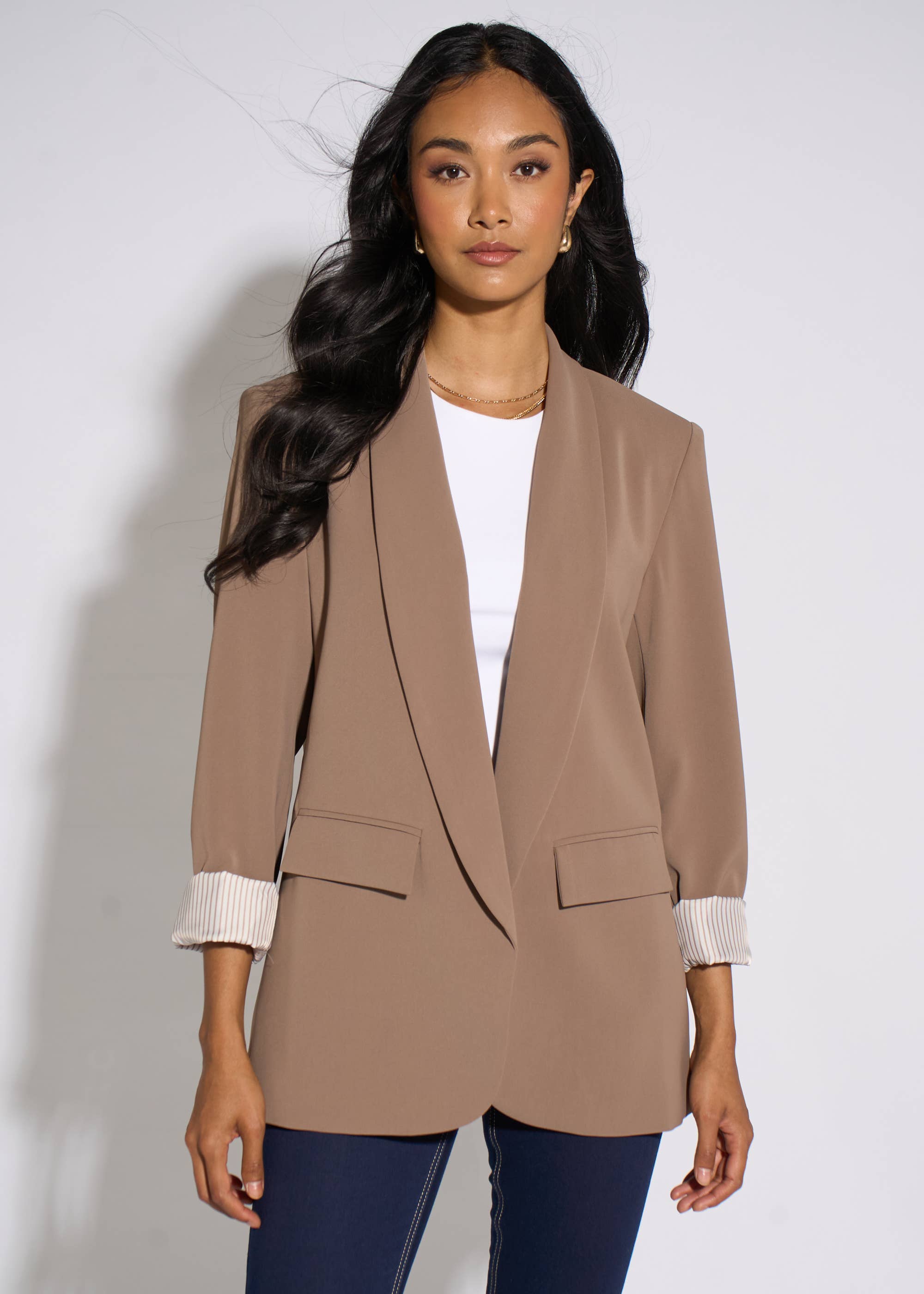 Mocha Contrast Sleeve Edge To Edge Blazer