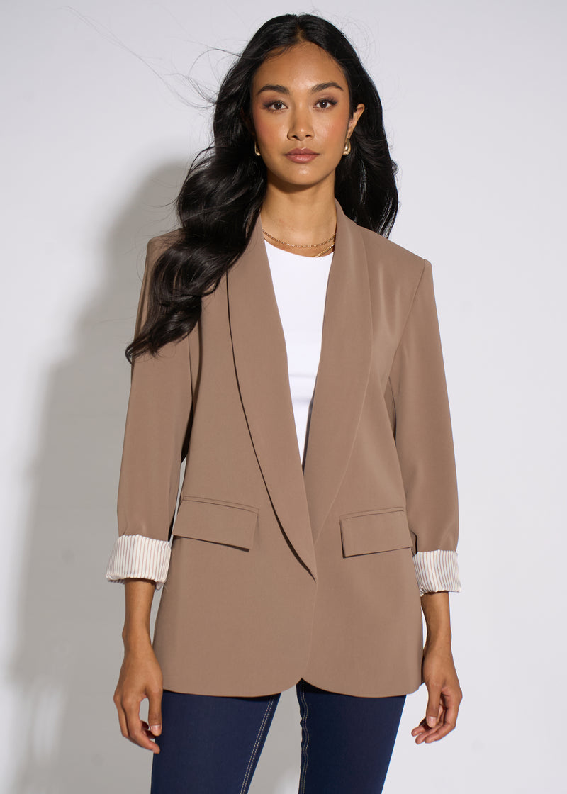 Mocha Contrast Sleeve Edge To Edge Blazer – View 1 | Gini London