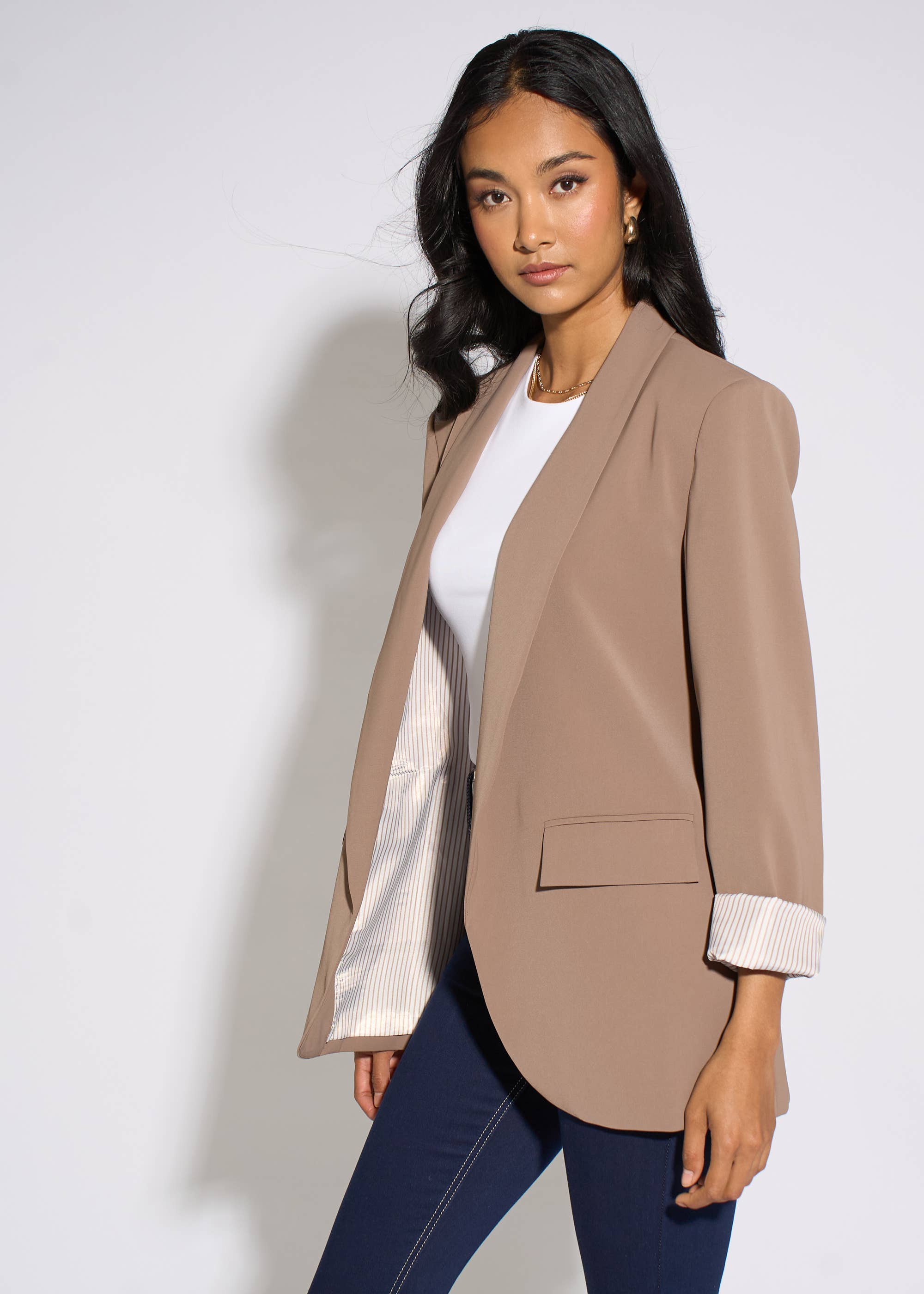 Mocha Contrast Sleeve Edge To Edge Blazer