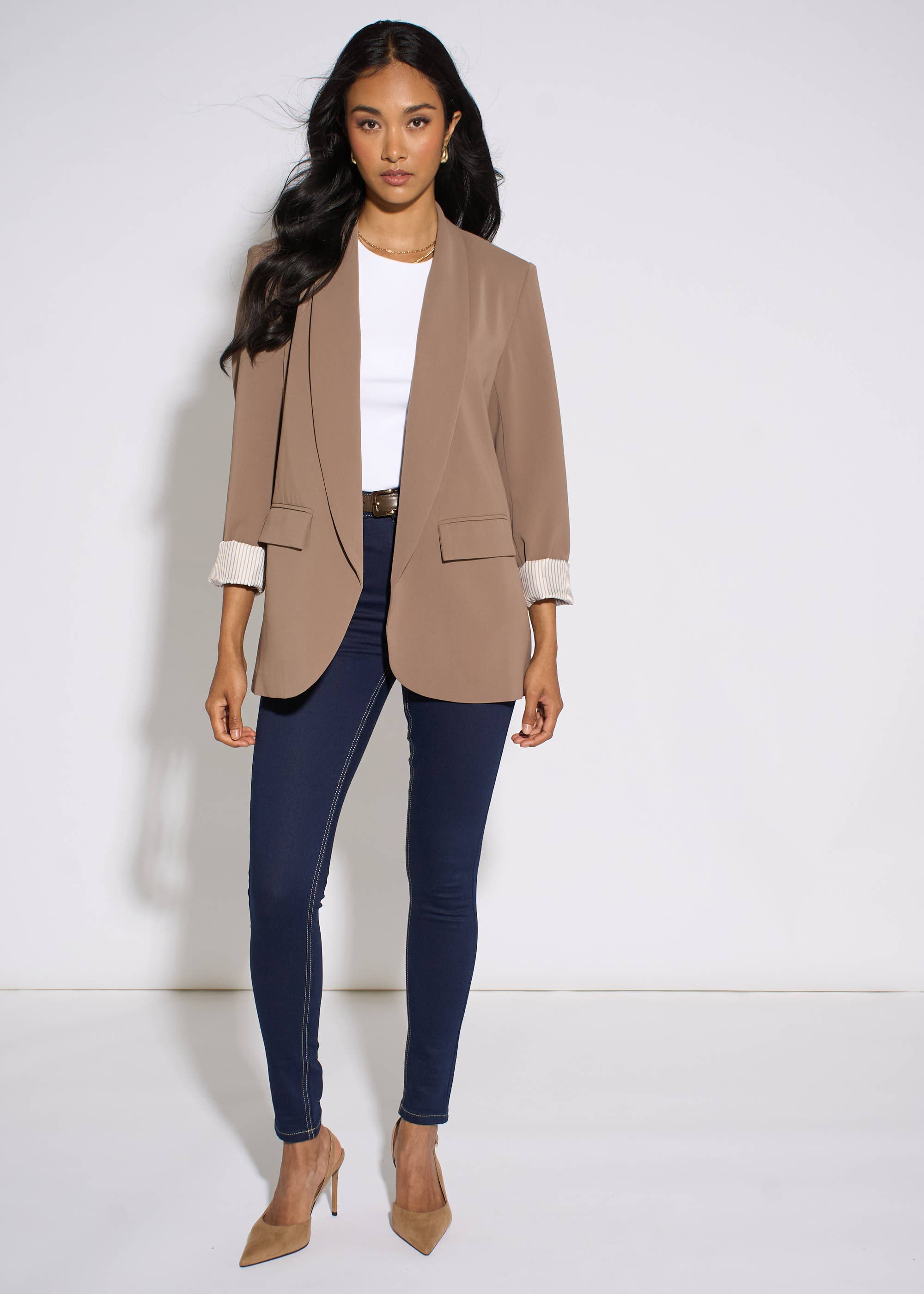 Mocha Contrast Sleeve Edge To Edge Blazer