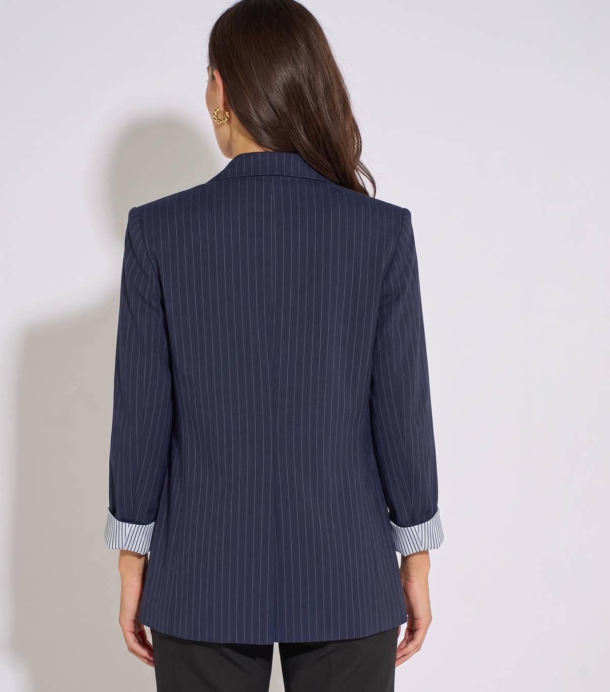Navy Stripe Contrast Sleeve Edge To Edge Blazer– View 2 | Gini London