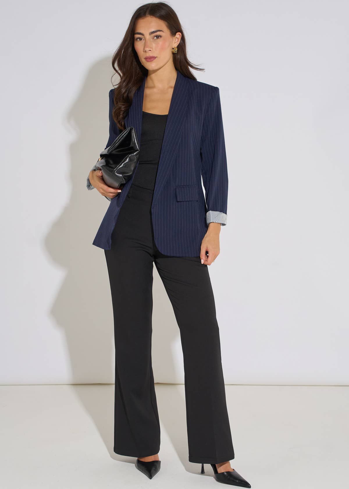 Navy Stripe Contrast Sleeve Edge To Edge Blazer– View 3 | Gini London