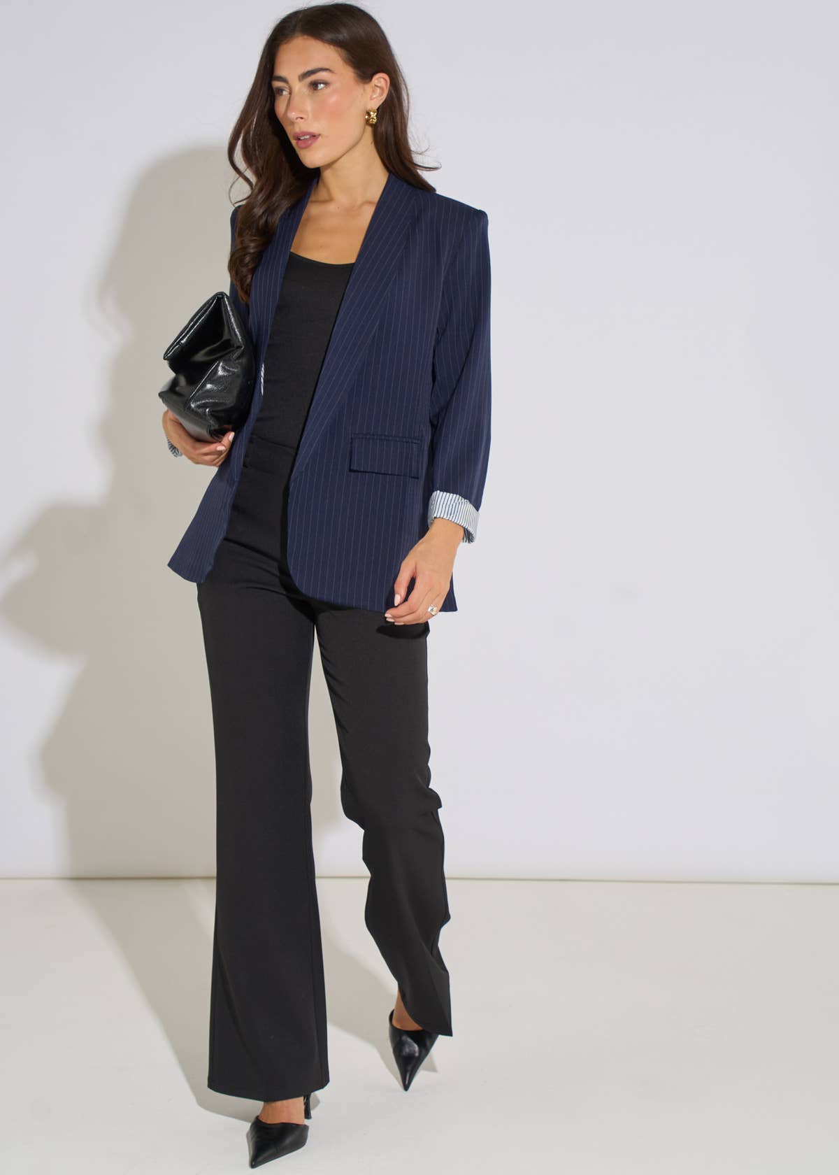 Navy Stripe Contrast Sleeve Edge To Edge Blazer– View 4 | Gini London