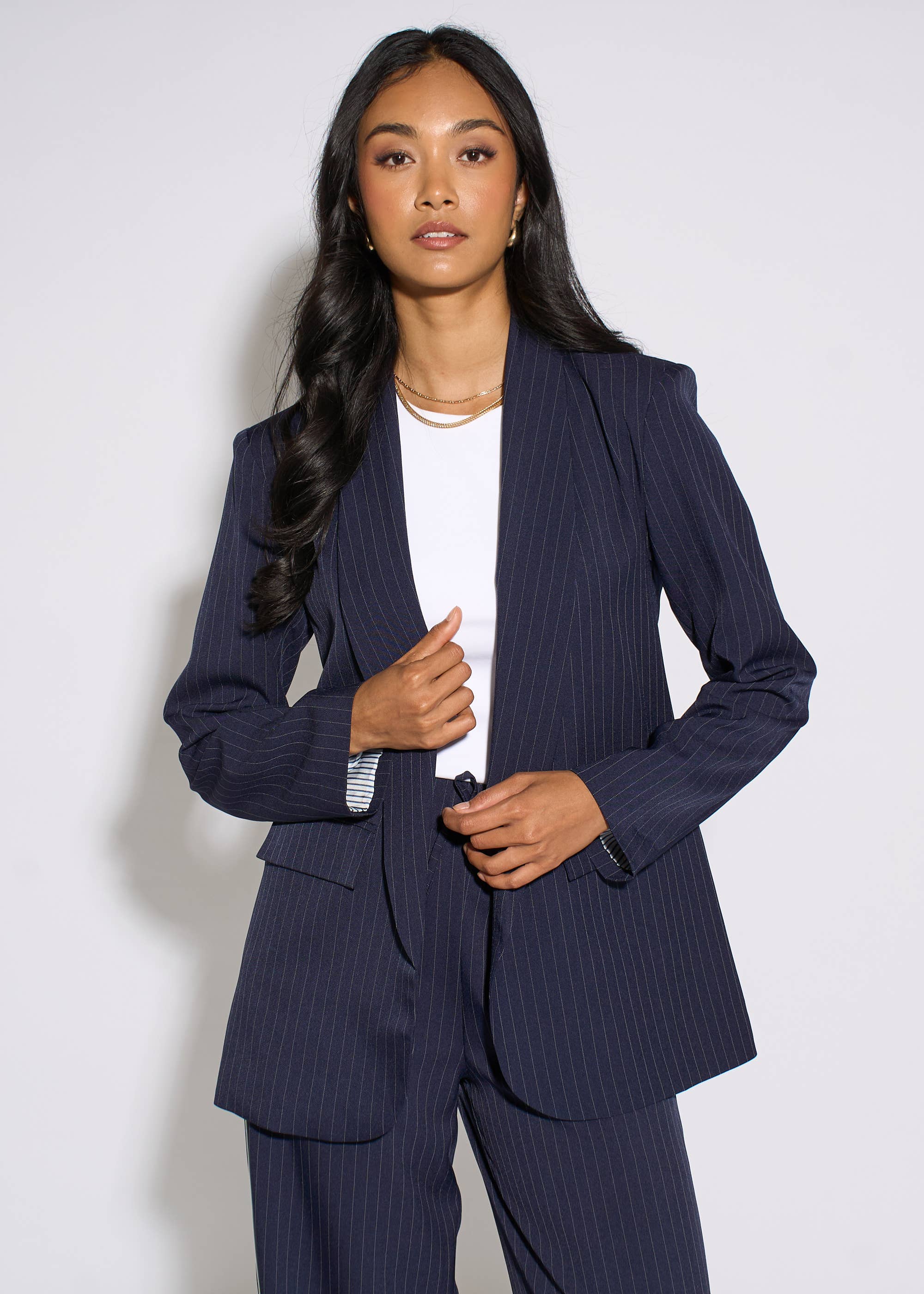 Navy Stripe Contrast Sleeve Edge To Edge Blazer