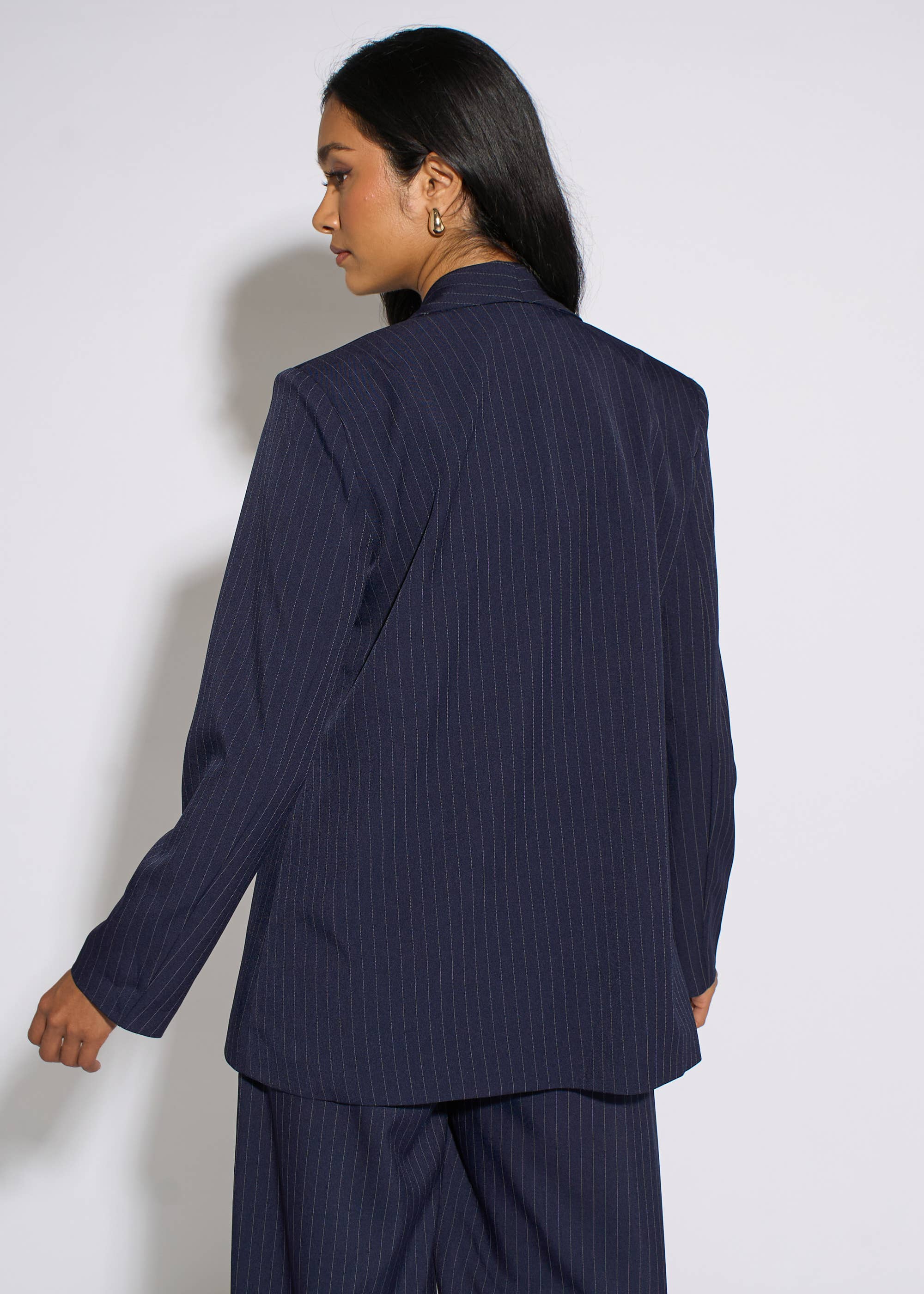 Navy Stripe Contrast Sleeve Edge To Edge Blazer