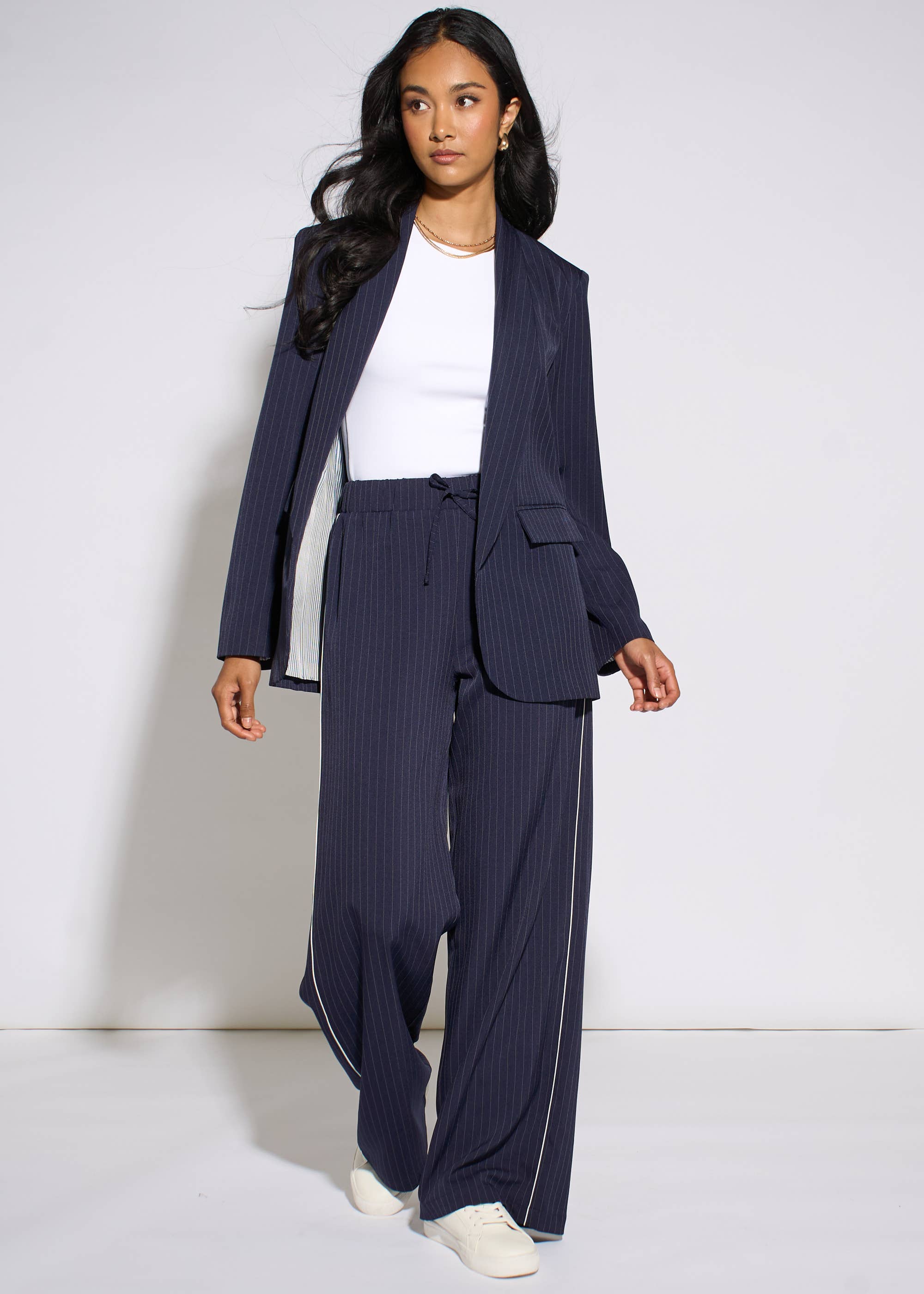 Navy Stripe Contrast Sleeve Edge To Edge Blazer