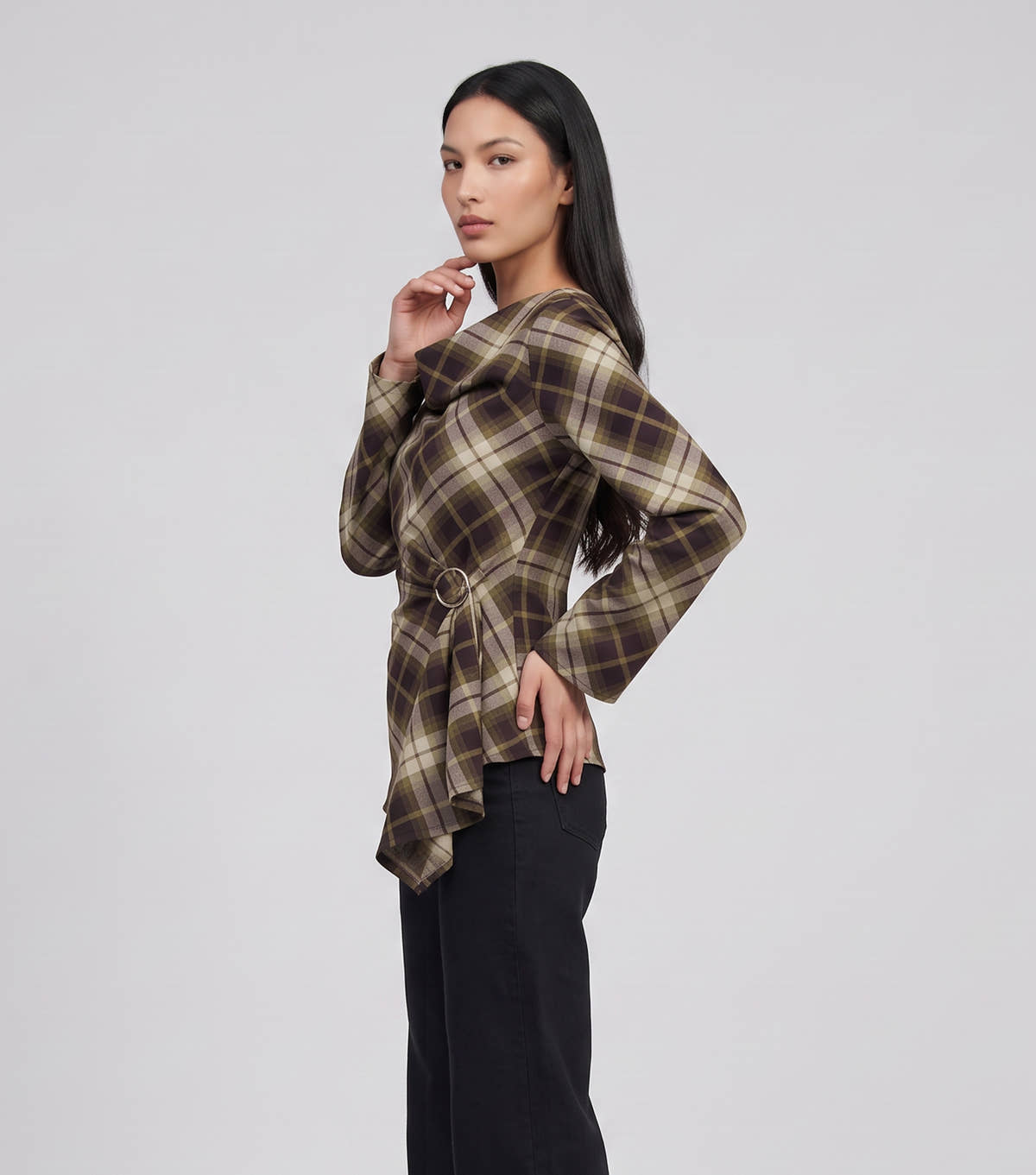 Khaki Check Cowl High Neck Ruched Side Blouse
