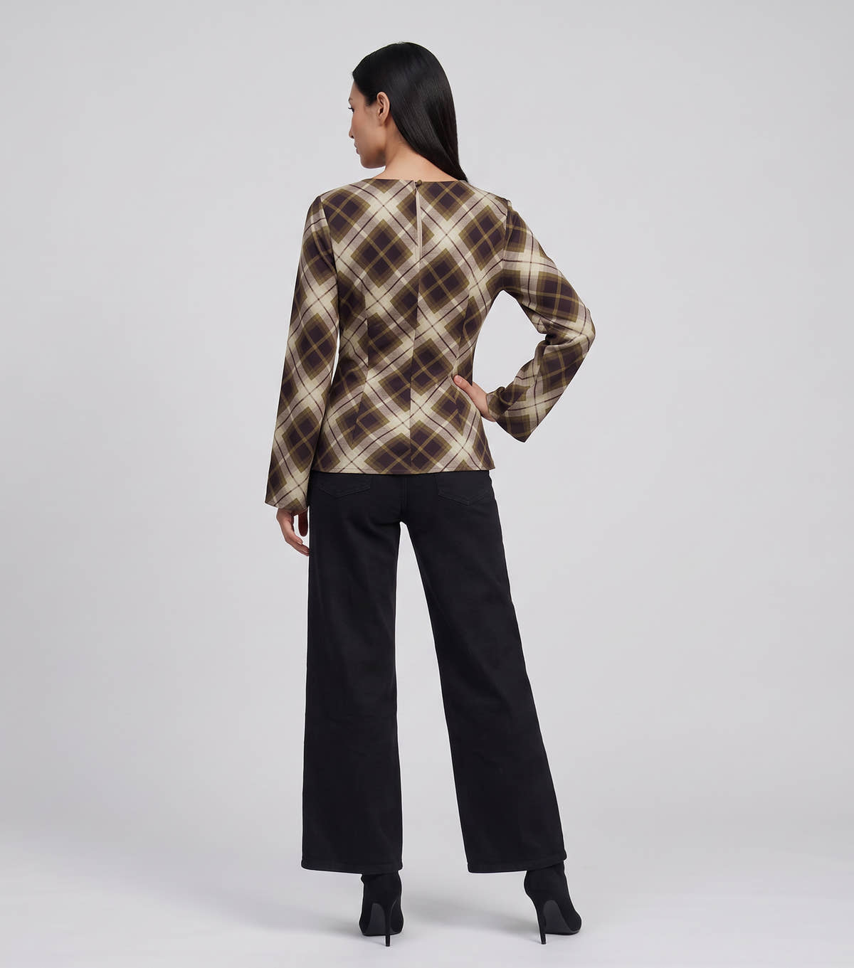 Khaki Check Cowl High Neck Ruched Side Blouse