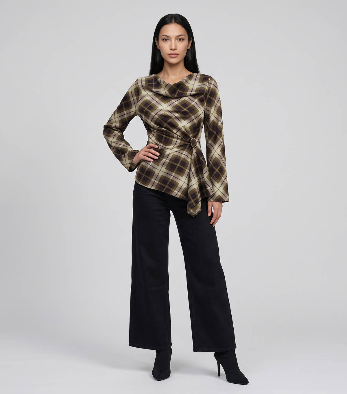 Khaki Check Cowl High Neck Ruched Side Blouse