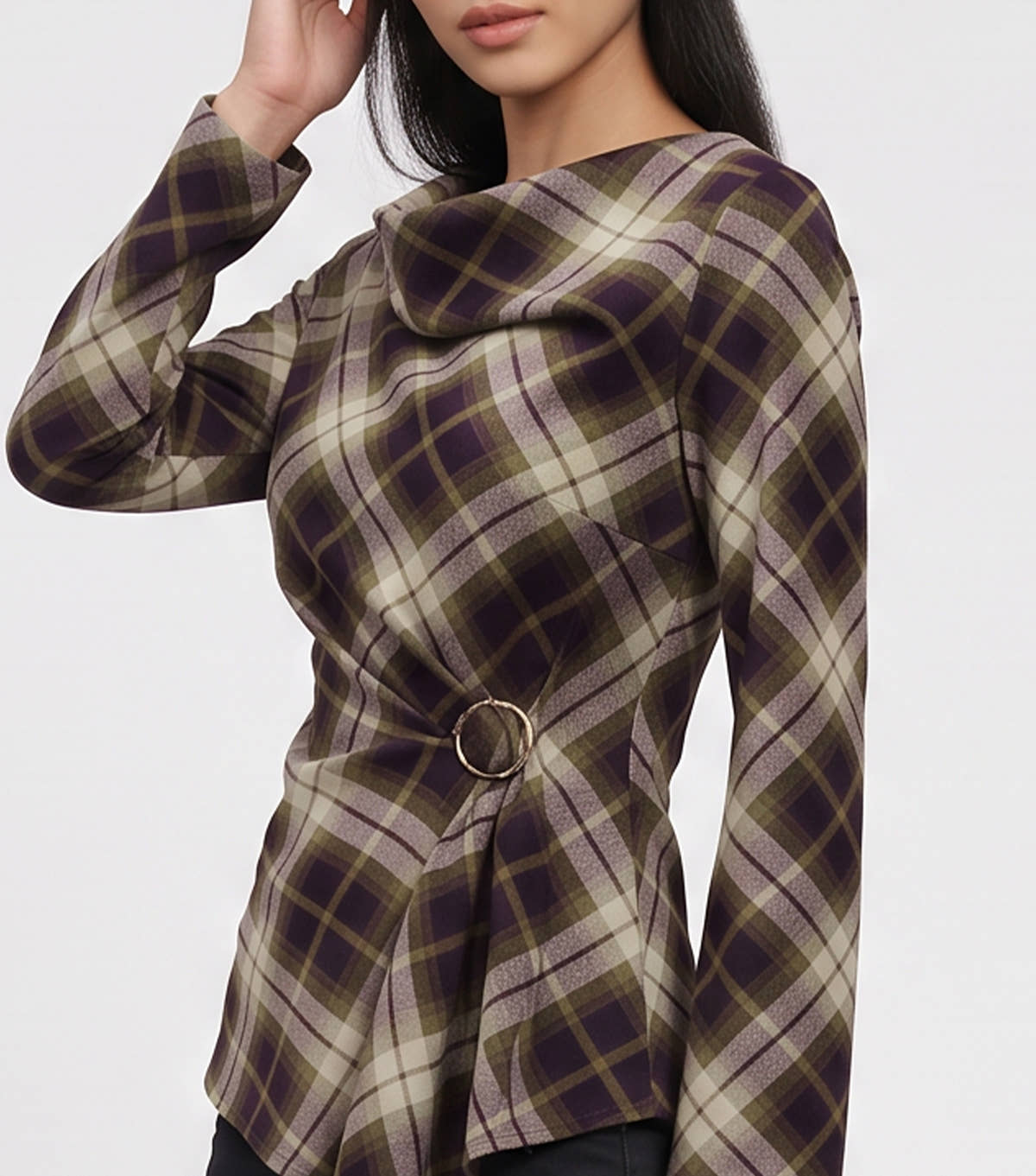 Khaki Check Cowl High Neck Ruched Side Blouse