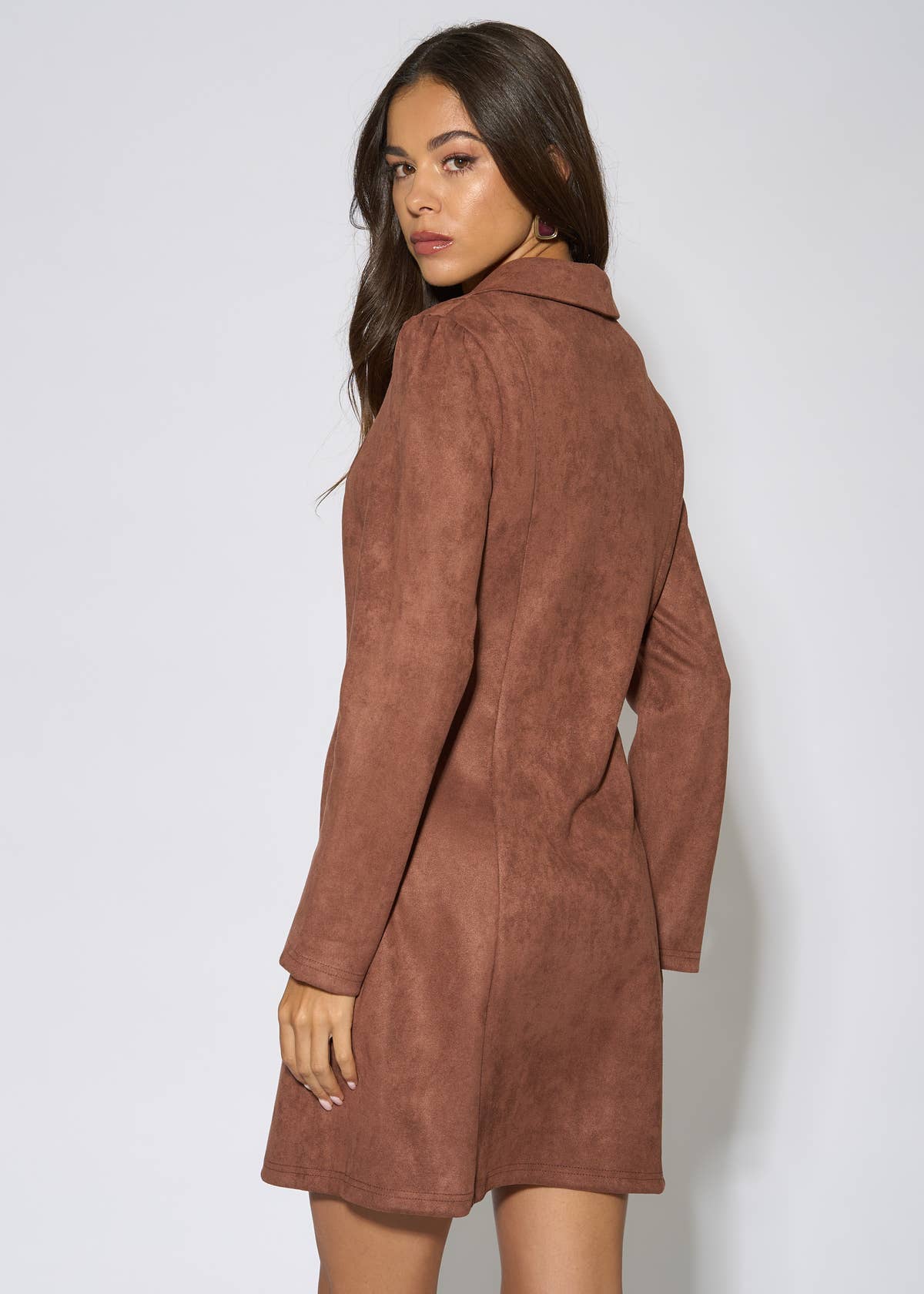 Brown Faux Suede Zip Front Mini Dress