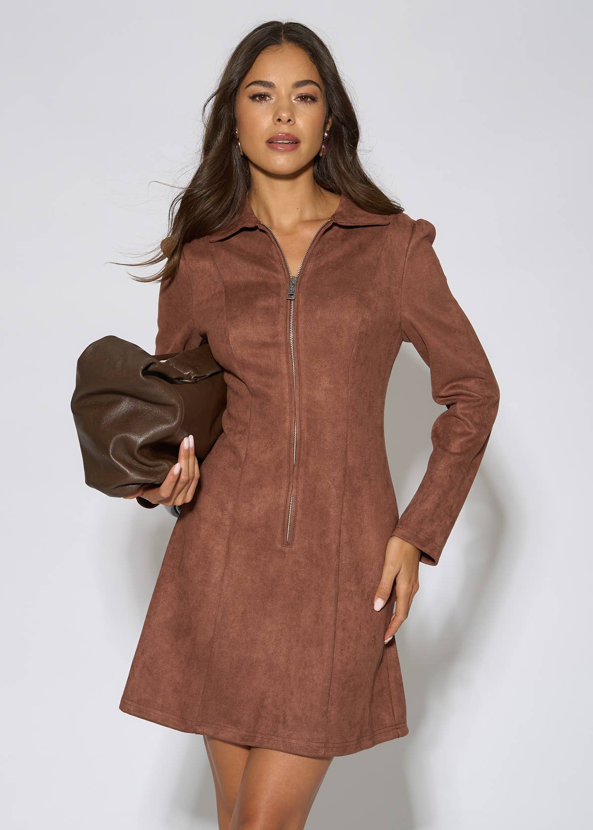 Brown Faux Suede Zip Front Mini Dress