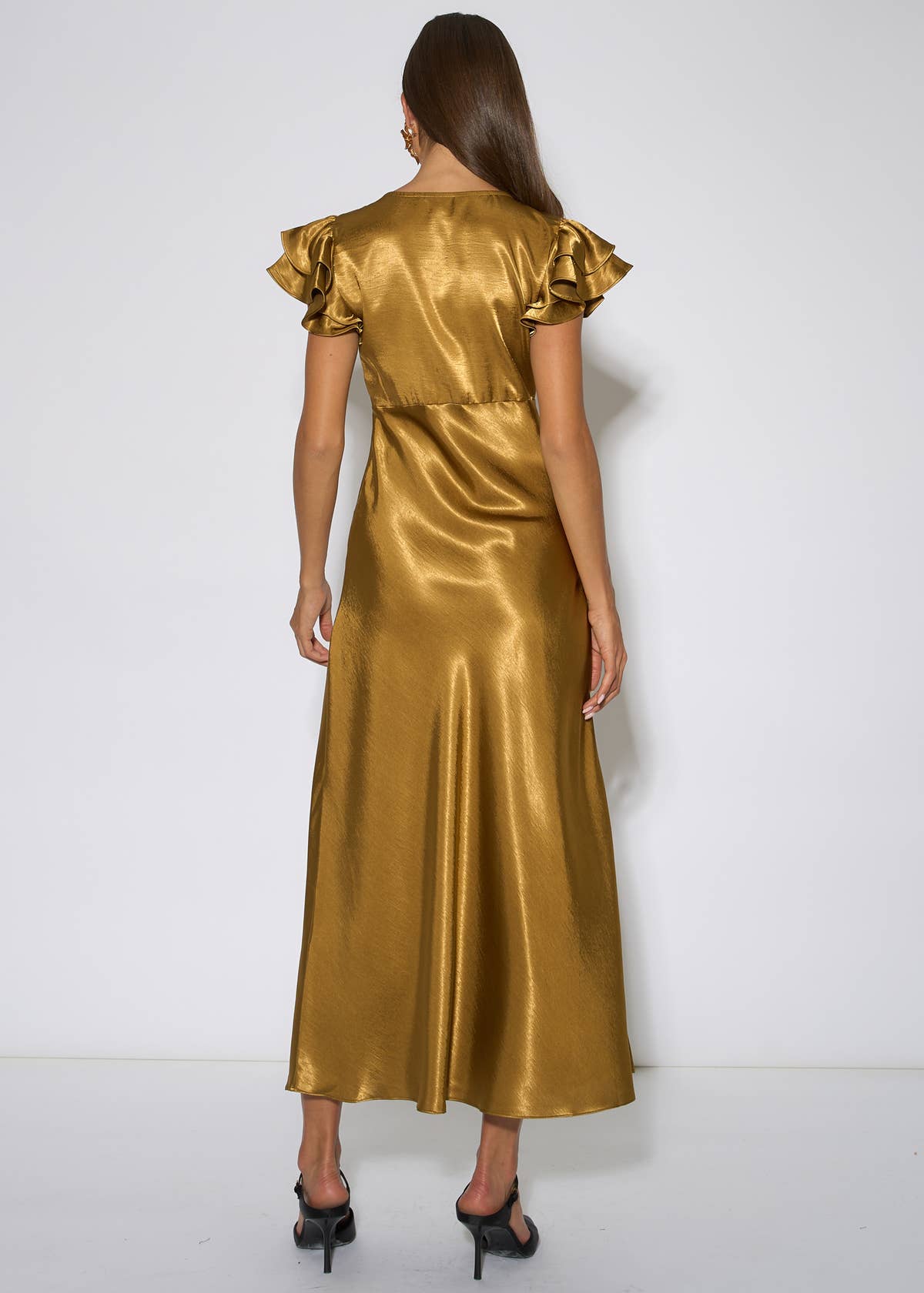 Gold Contrast Lace Satin Midi Dress – View 2 | Gini London