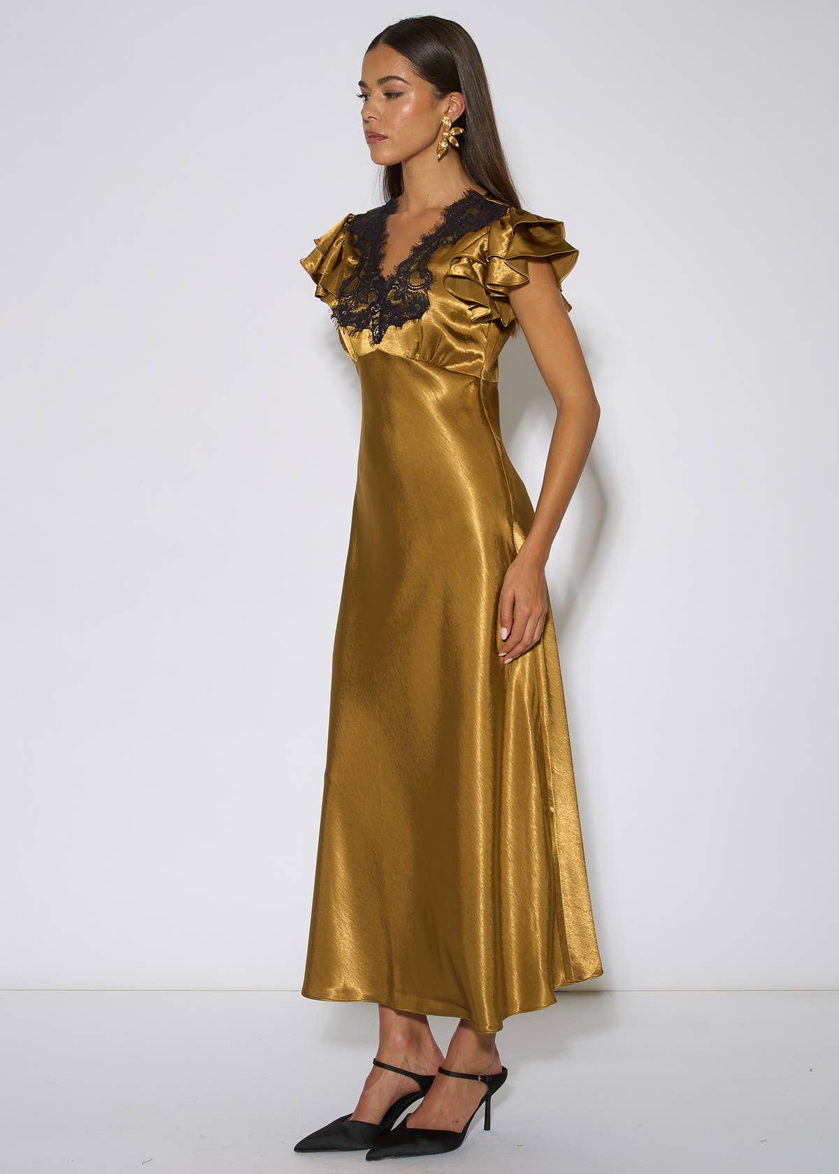 Gold Contrast Lace Satin Midi Dress – View 4 | Gini London