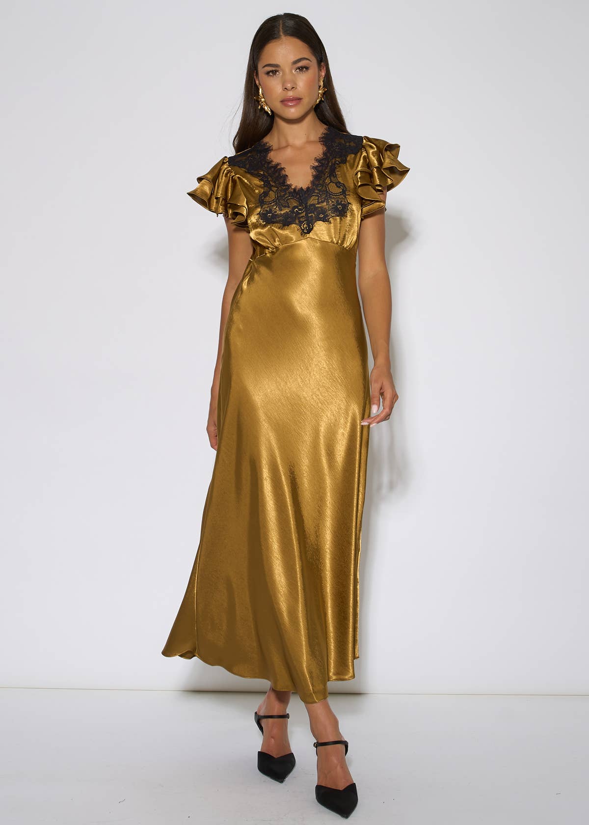 Gold Contrast Lace Satin Midi Dress – View 1 | Gini London