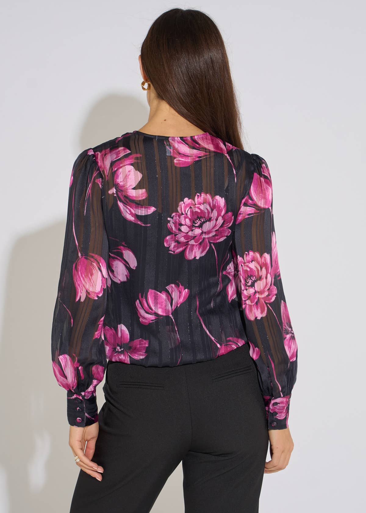 Black Floral Wrap Stripe Jacquard Top