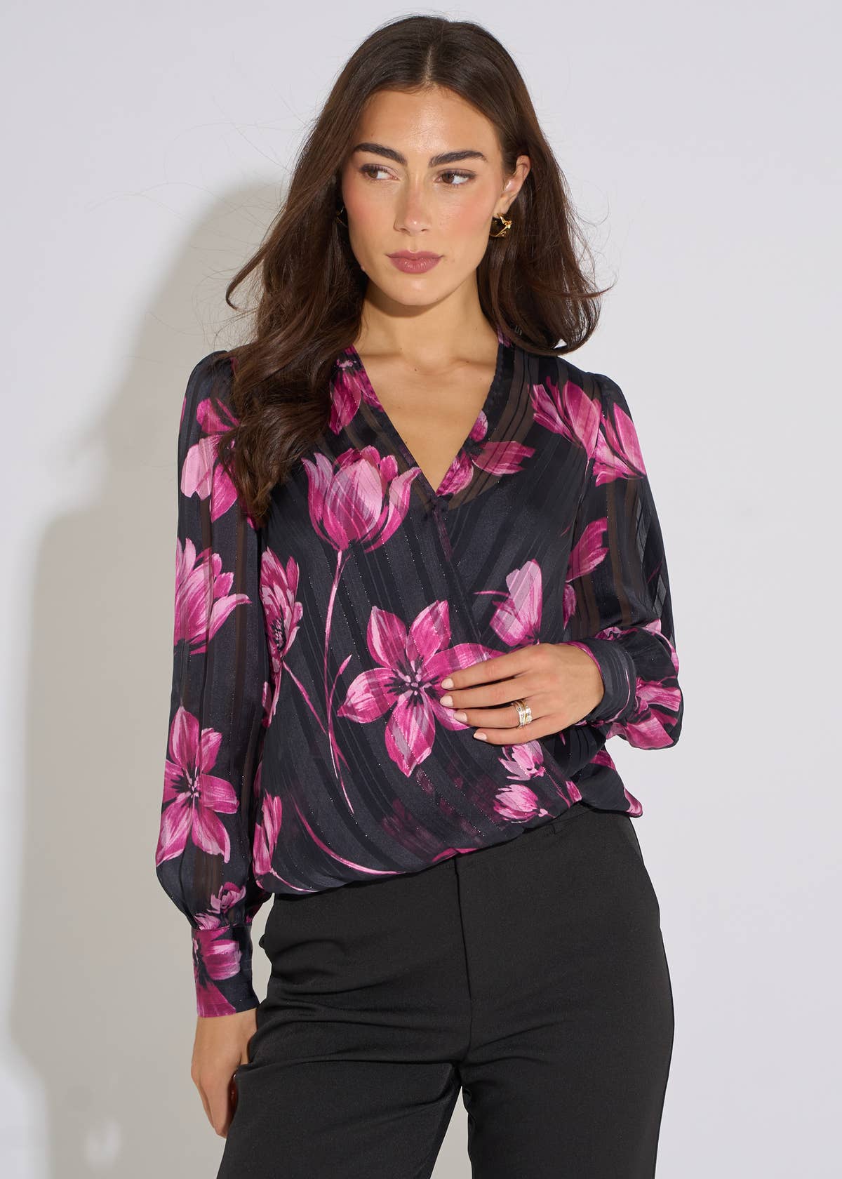 Black Floral Wrap Stripe Jacquard Top