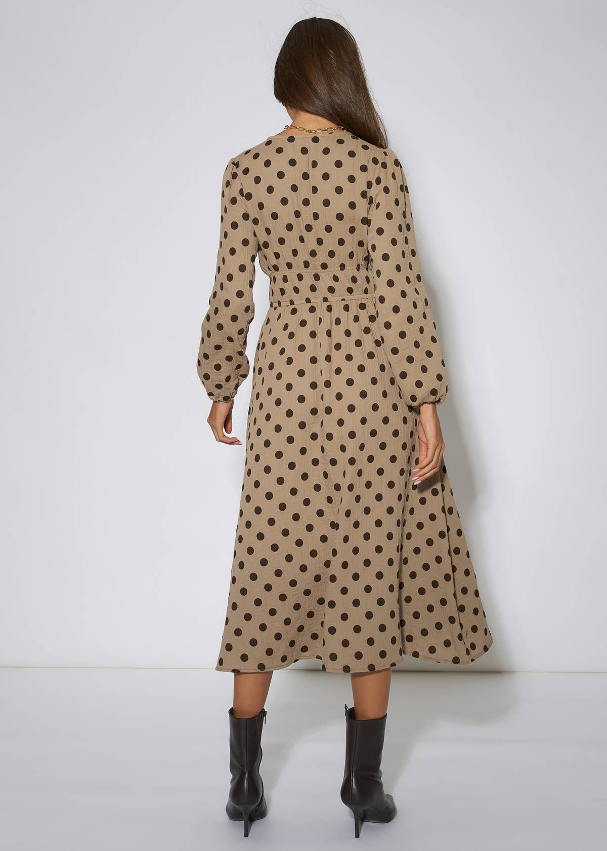 Beige Cotton Spot Skater Midi Dress – View 2 | Gini London