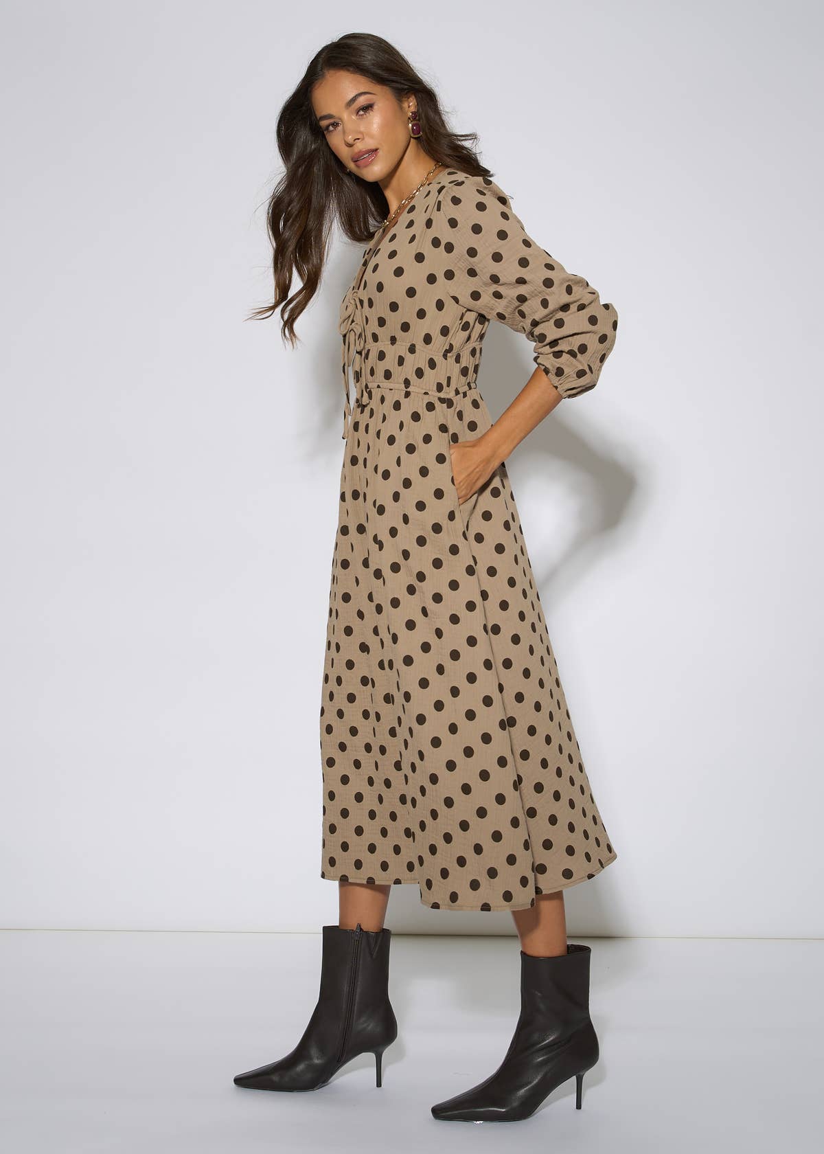 Beige Cotton Spot Skater Midi Dress – View 4 | Gini London