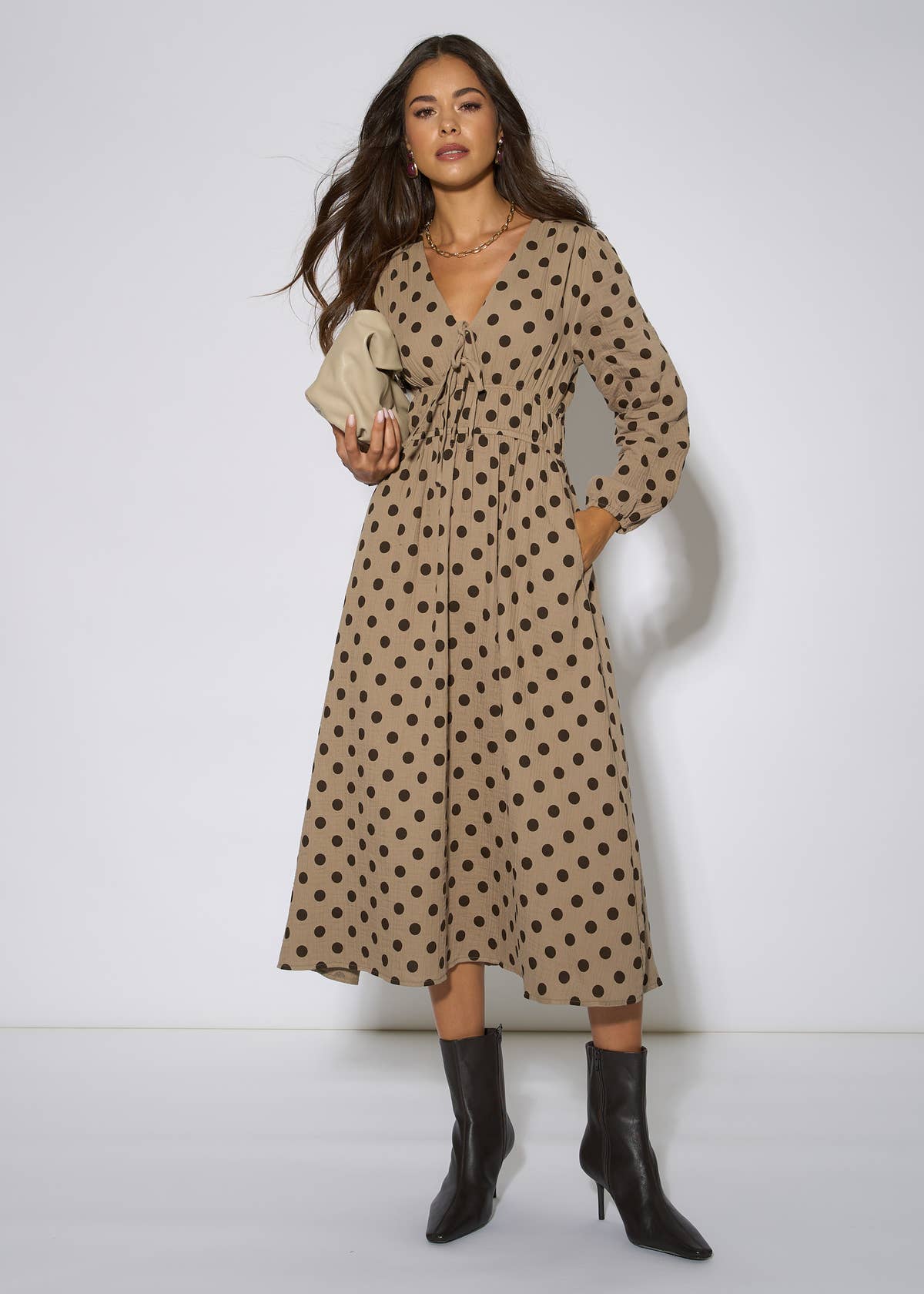 Beige Cotton Spot Skater Midi Dress – View 1 | Gini London