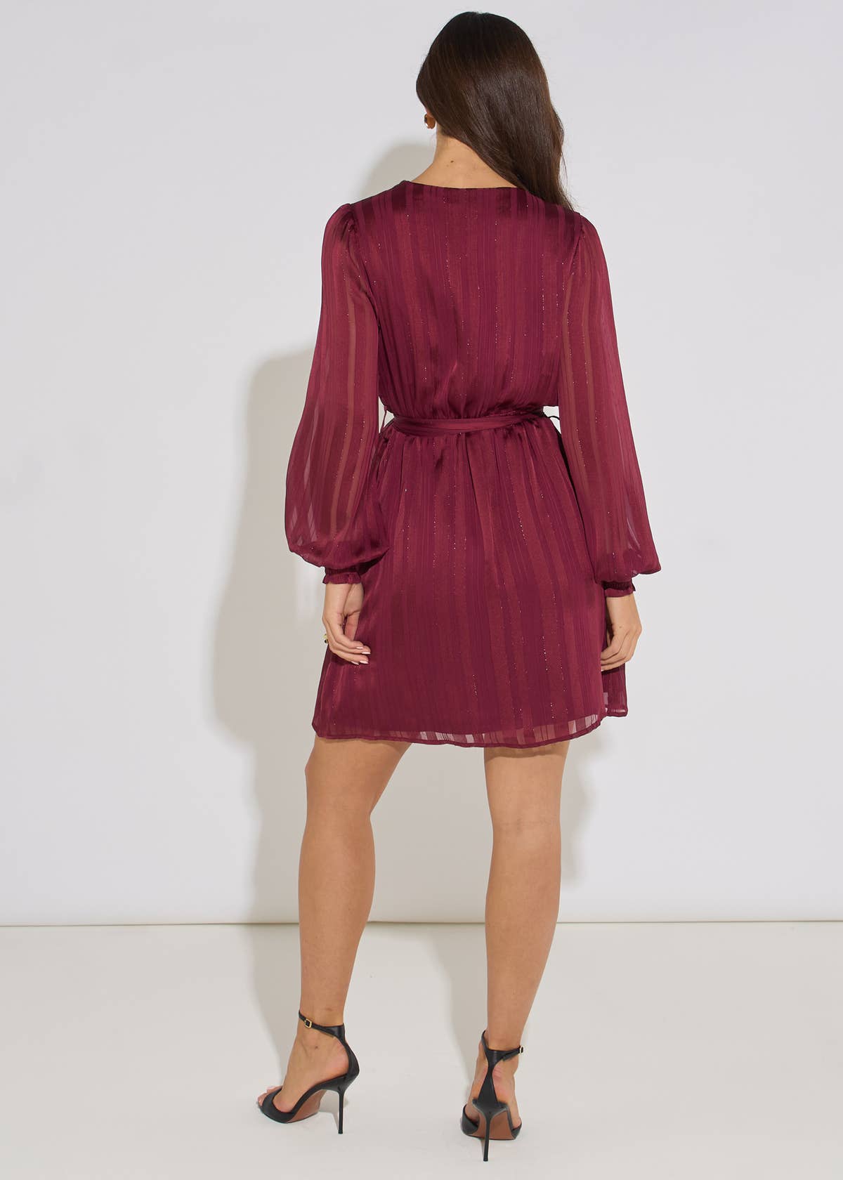 Mulberry Satin Burn Out Stripe Wrap Mini Dress