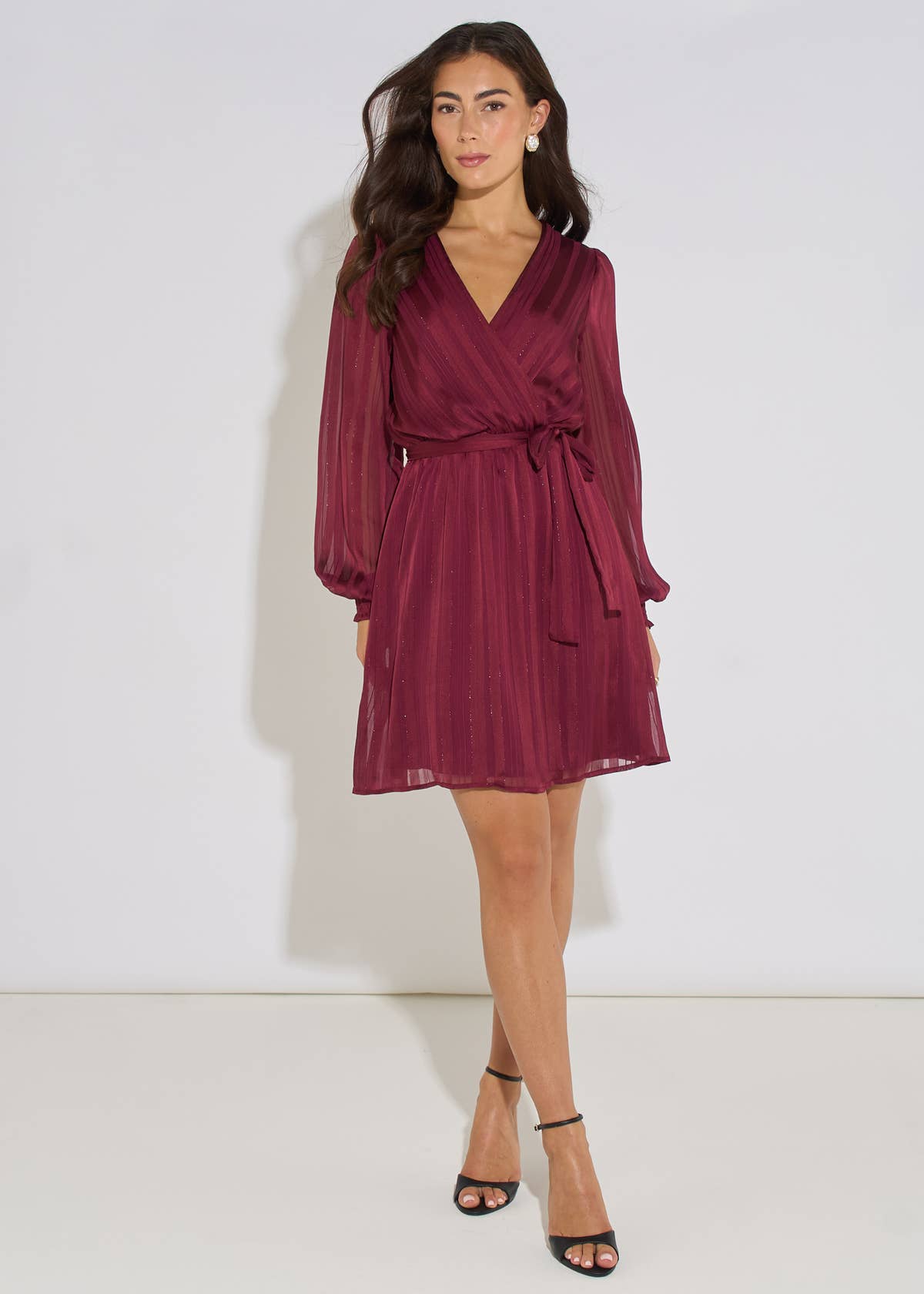 Mulberry Satin Burn Out Stripe Wrap Mini Dress
