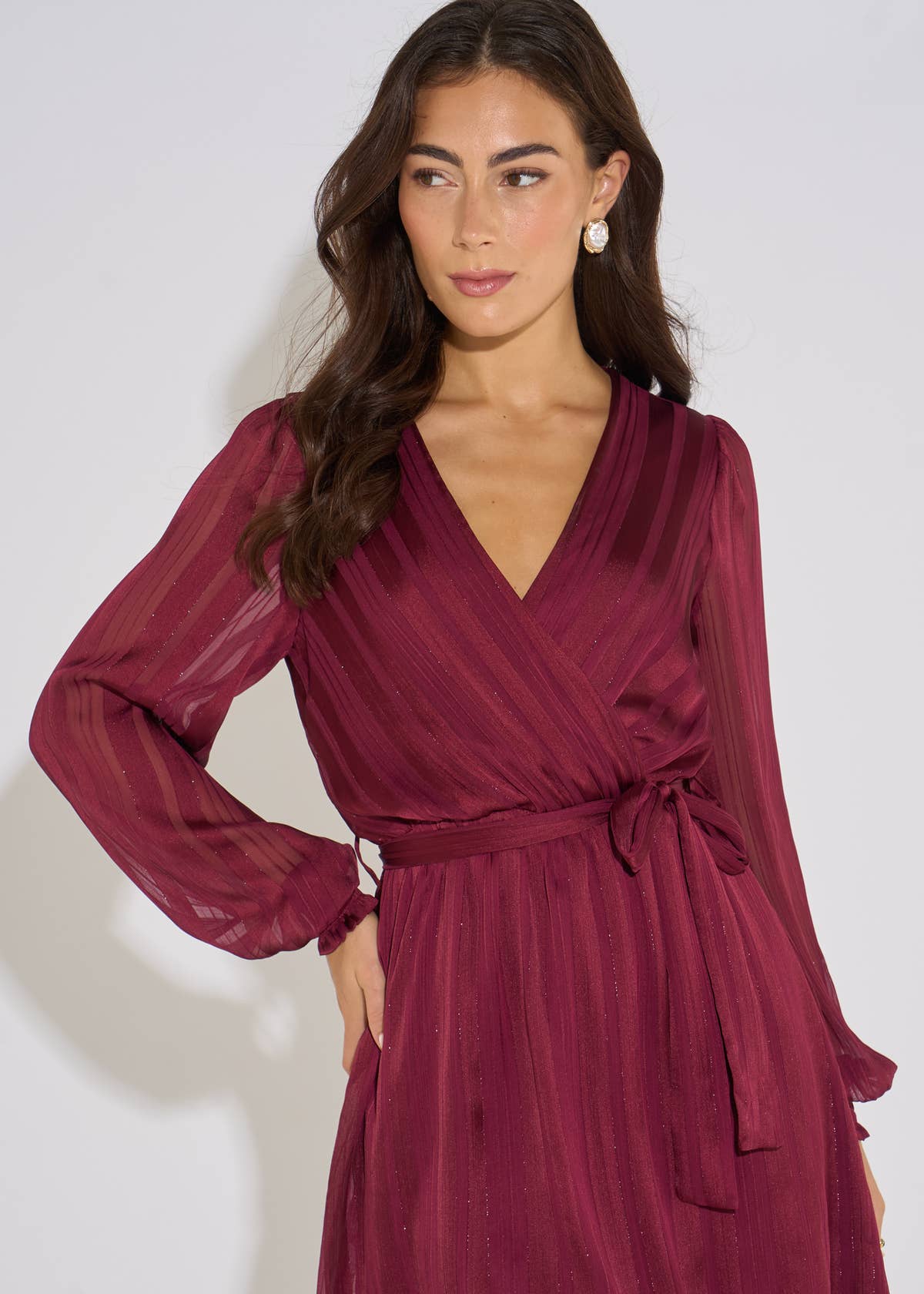 Mulberry Satin Burn Out Stripe Wrap Mini Dress