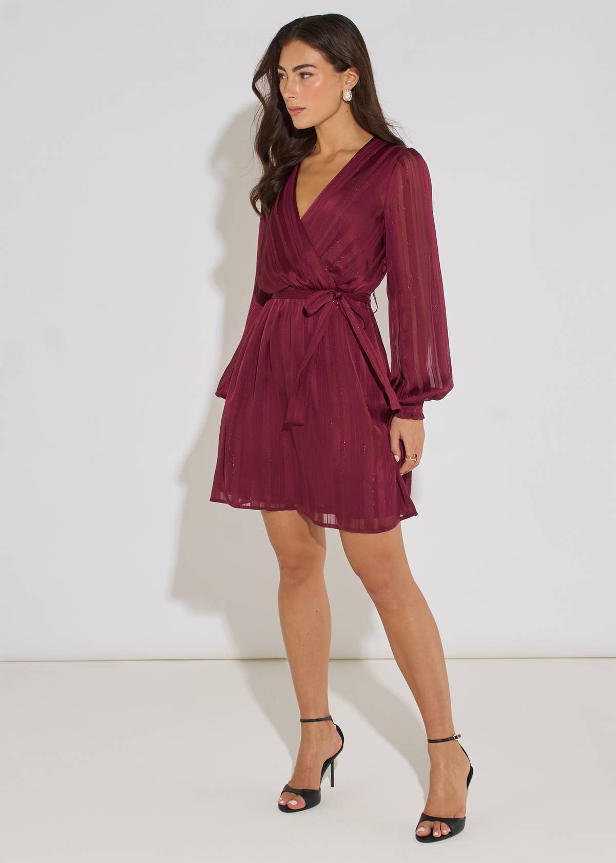 Mulberry Satin Burn Out Stripe Wrap Mini Dress