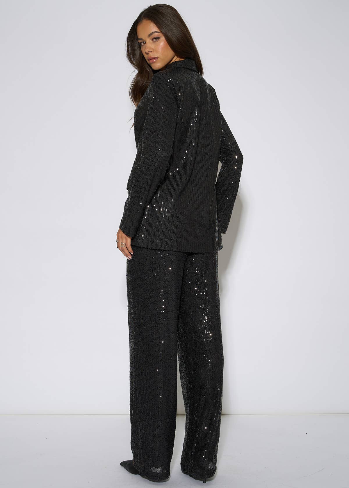 Black Sequin Wide Leg Trouser – View 2 | Gini London