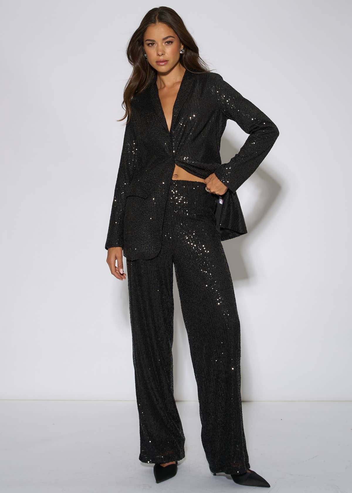 Black Sequin Wide Leg Trouser – View 1 | Gini London