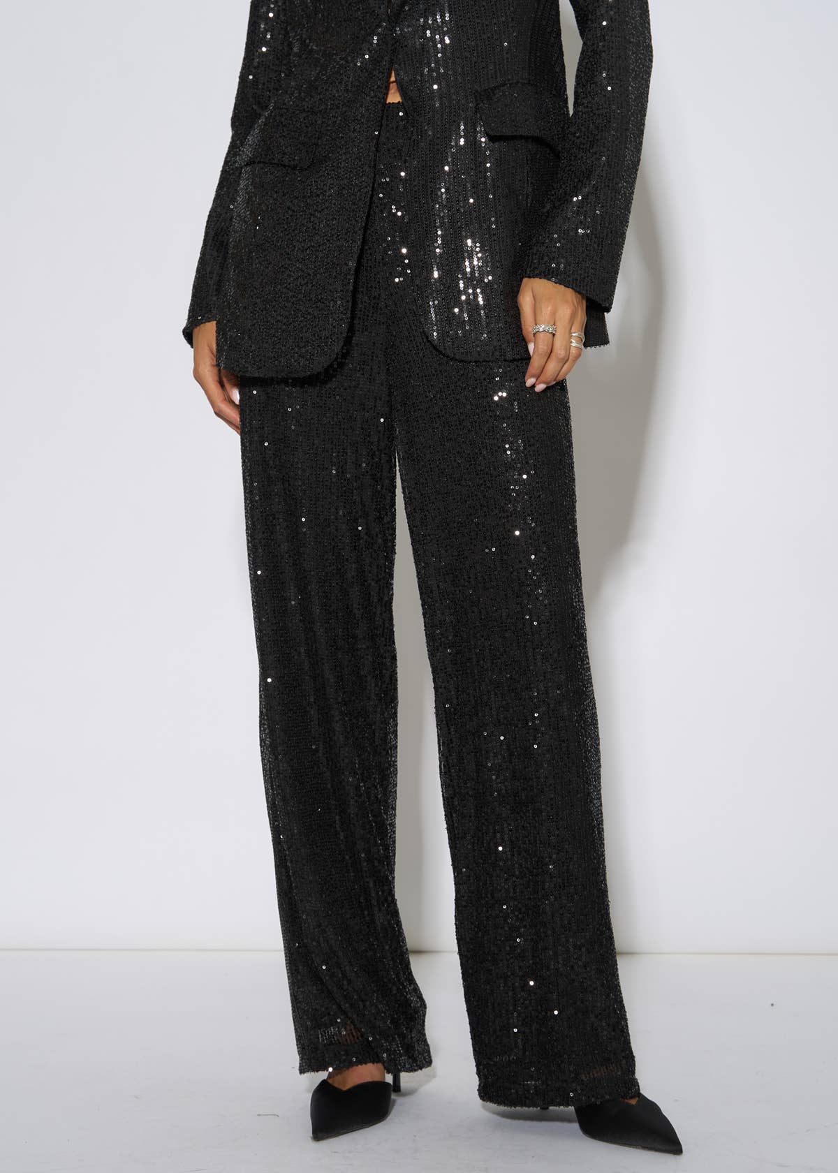 Black Sequin Wide Leg Trouser – View 3 | Gini London