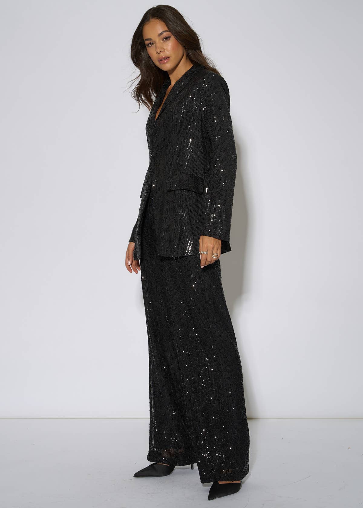 Black Sequin Wide Leg Trouser – View 4 | Gini London
