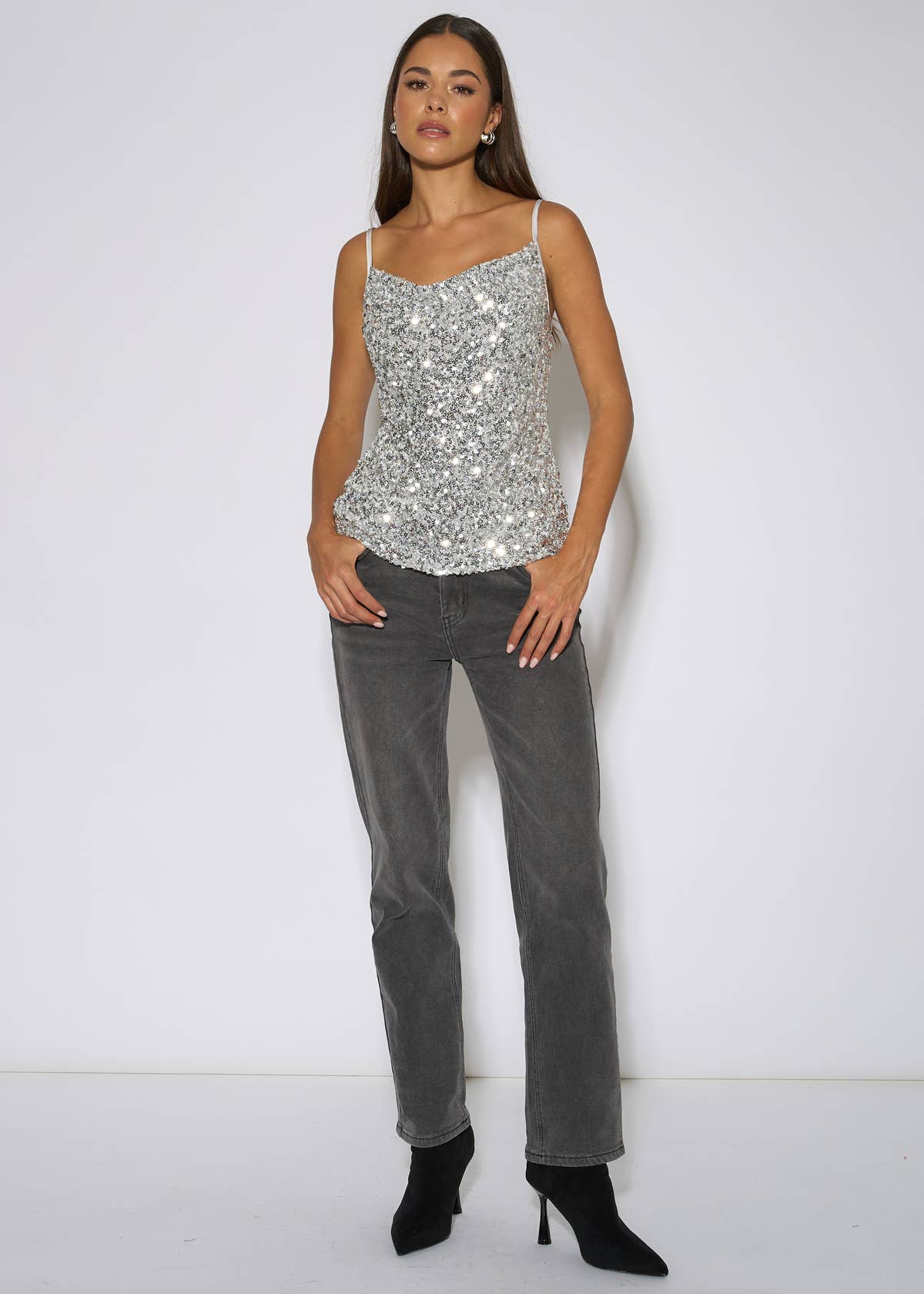 Silver Sequin Cowl Strappy Cami Top – View 3 | Gini London