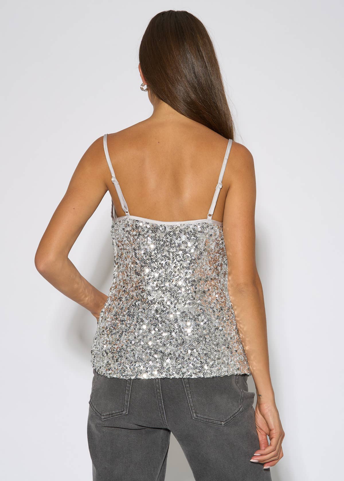 Silver Sequin Cowl Strappy Cami Top – View 2 | Gini London