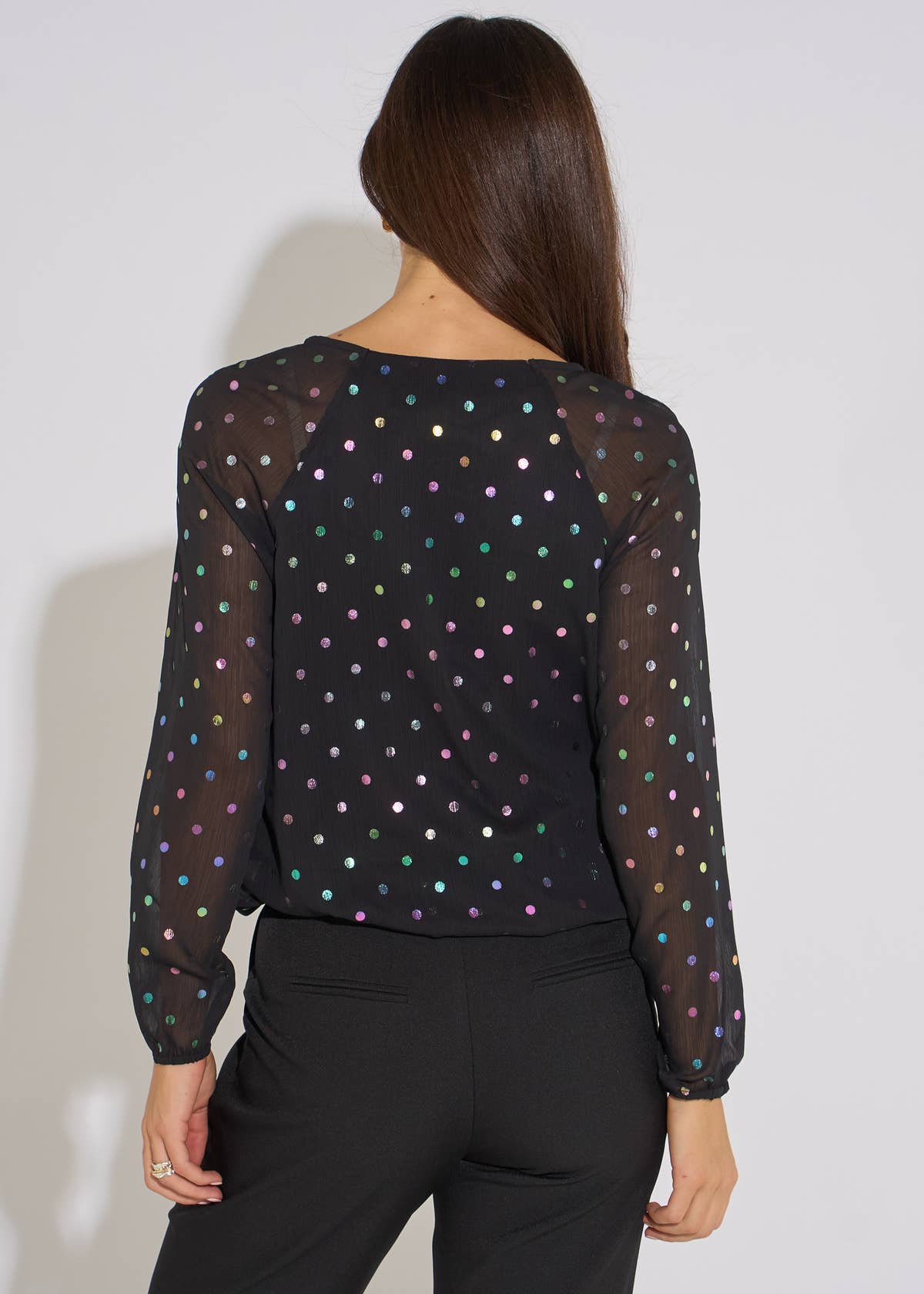 Black Multicolour Spot Foil Bubble Hem Top