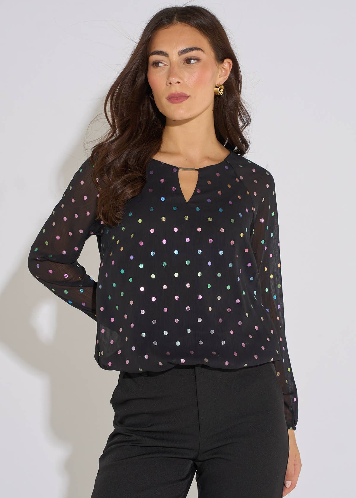 Black Multicolour Spot Foil Bubble Hem Top