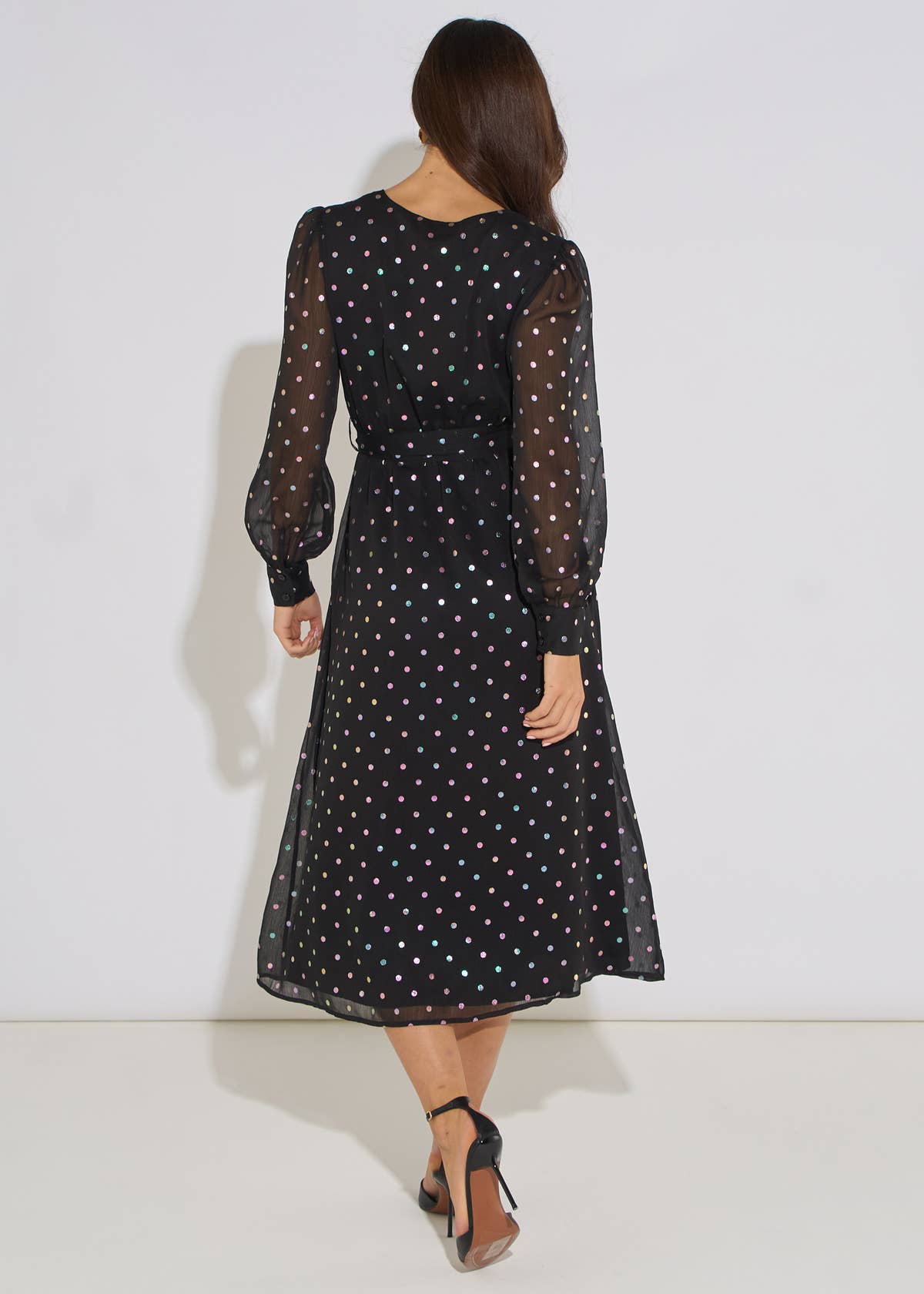 Black Spot Foil Midi Wrap Dress