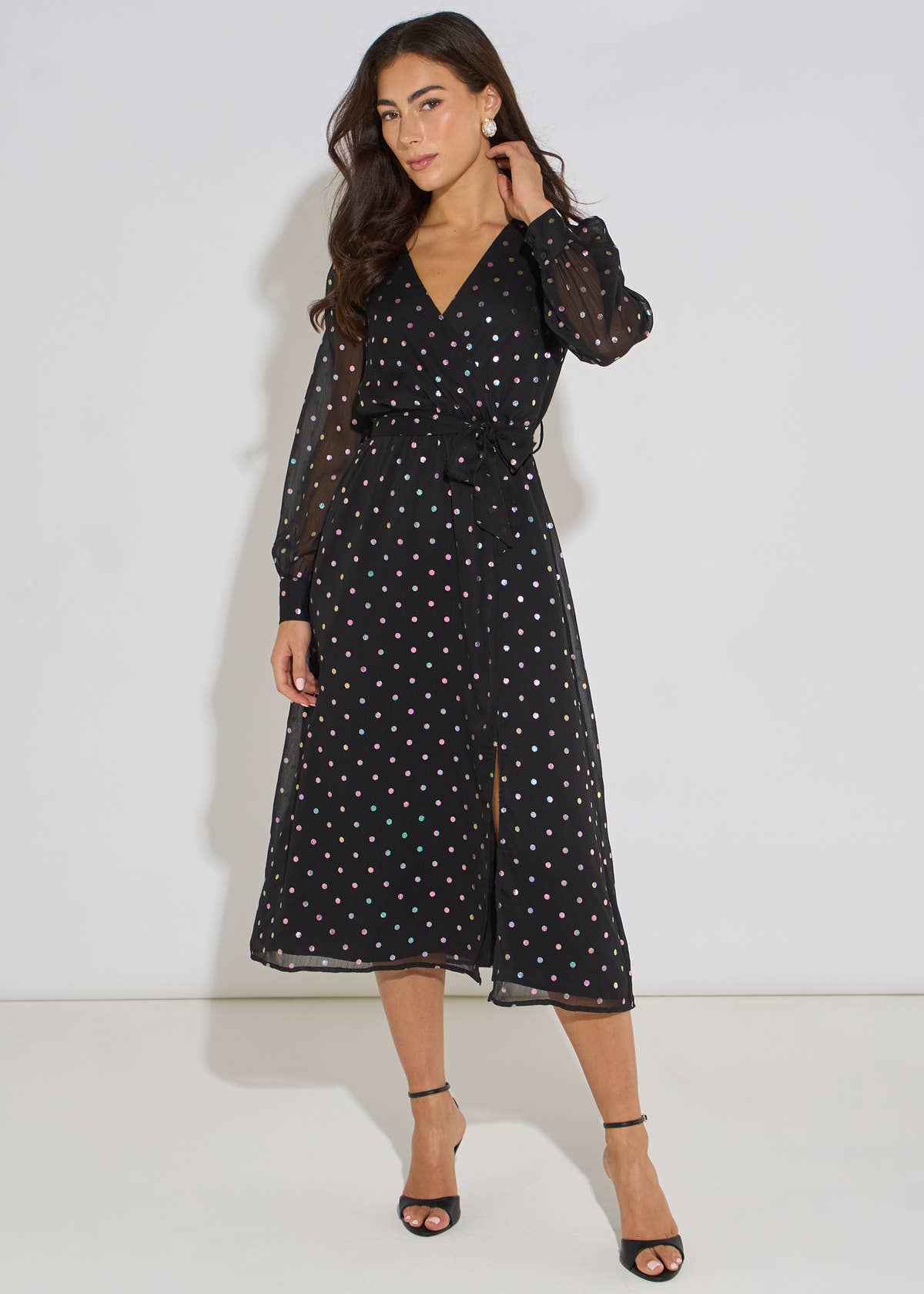 Black Spot Foil Midi Wrap Dress