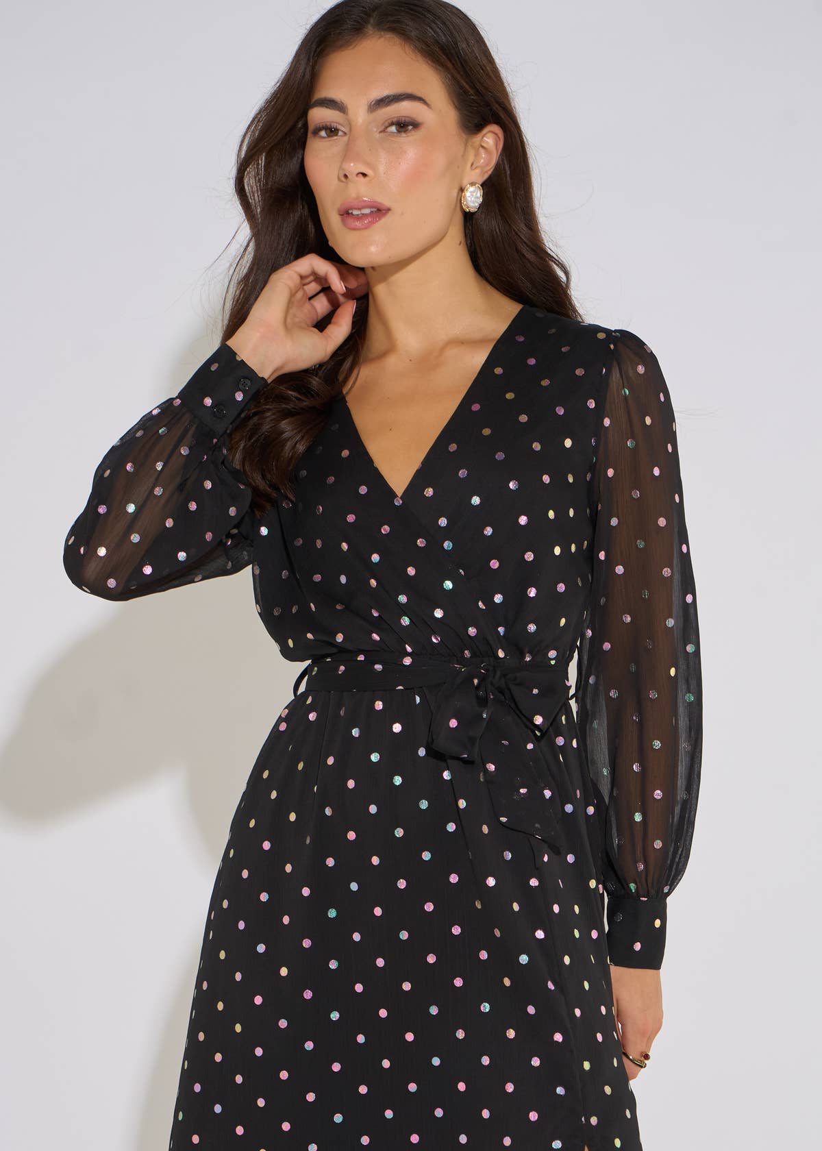 Black Spot Foil Midi Wrap Dress