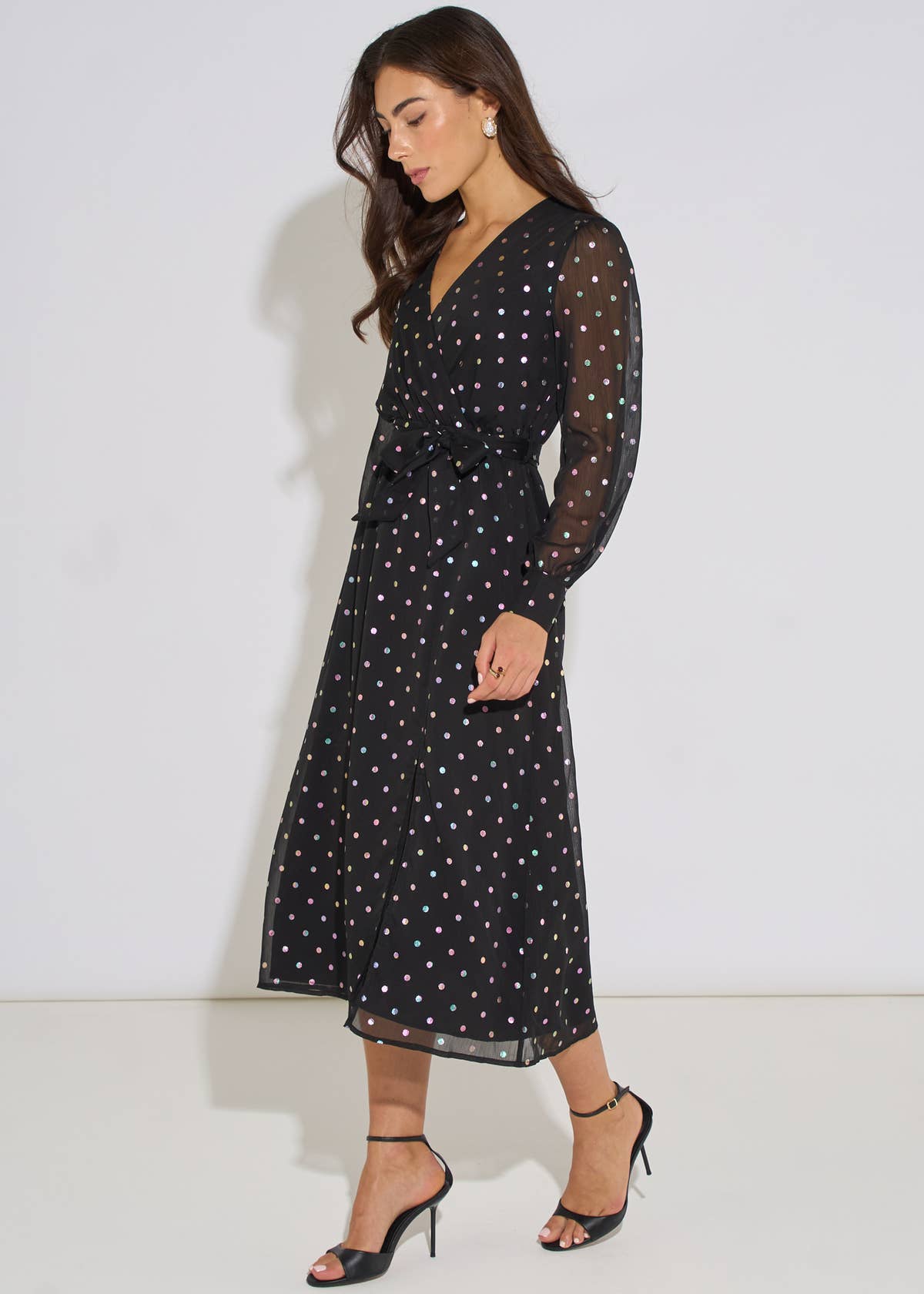 Black Spot Foil Midi Wrap Dress