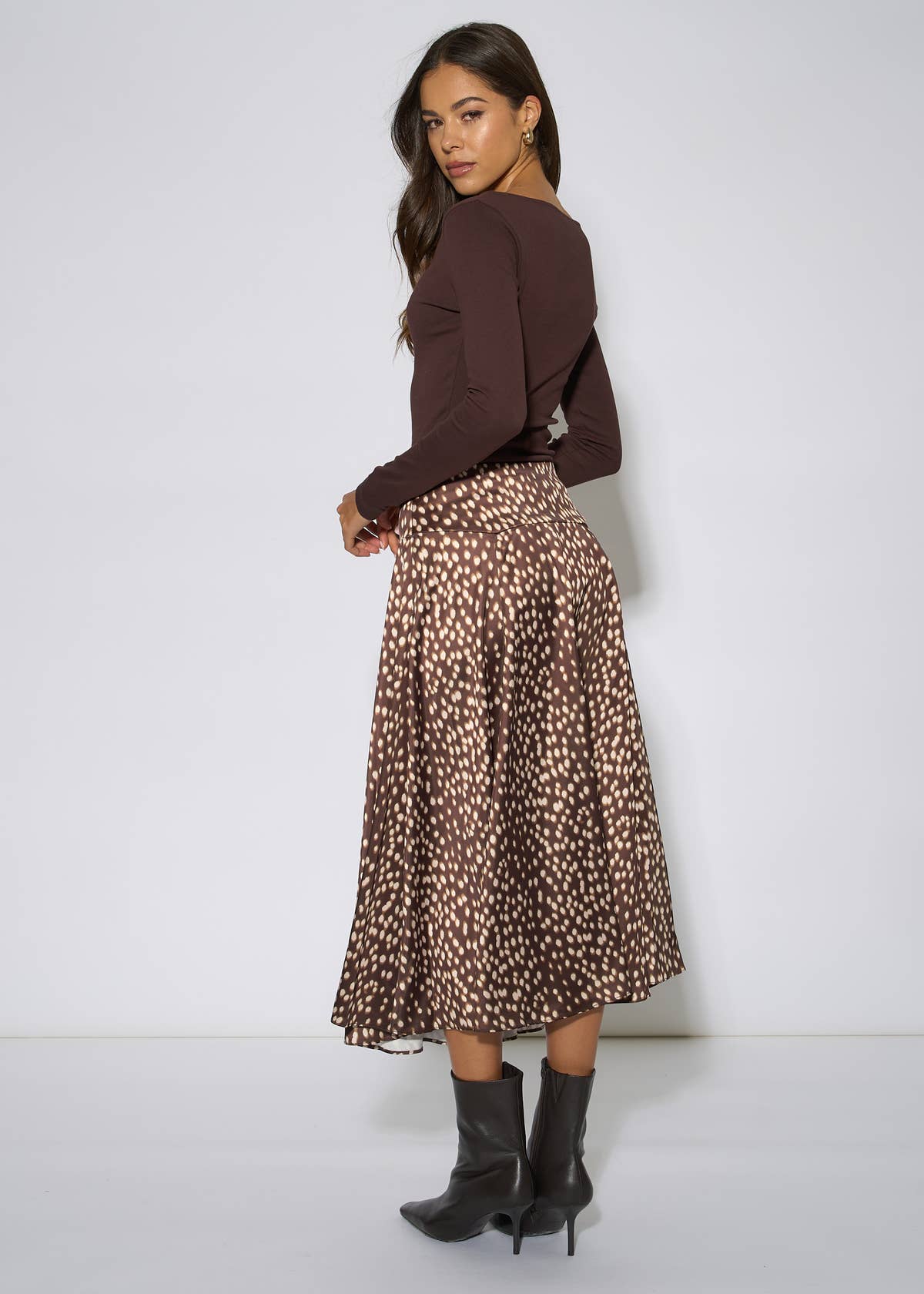 Brown Asymmetric Animal Print A Line Midi Skirt