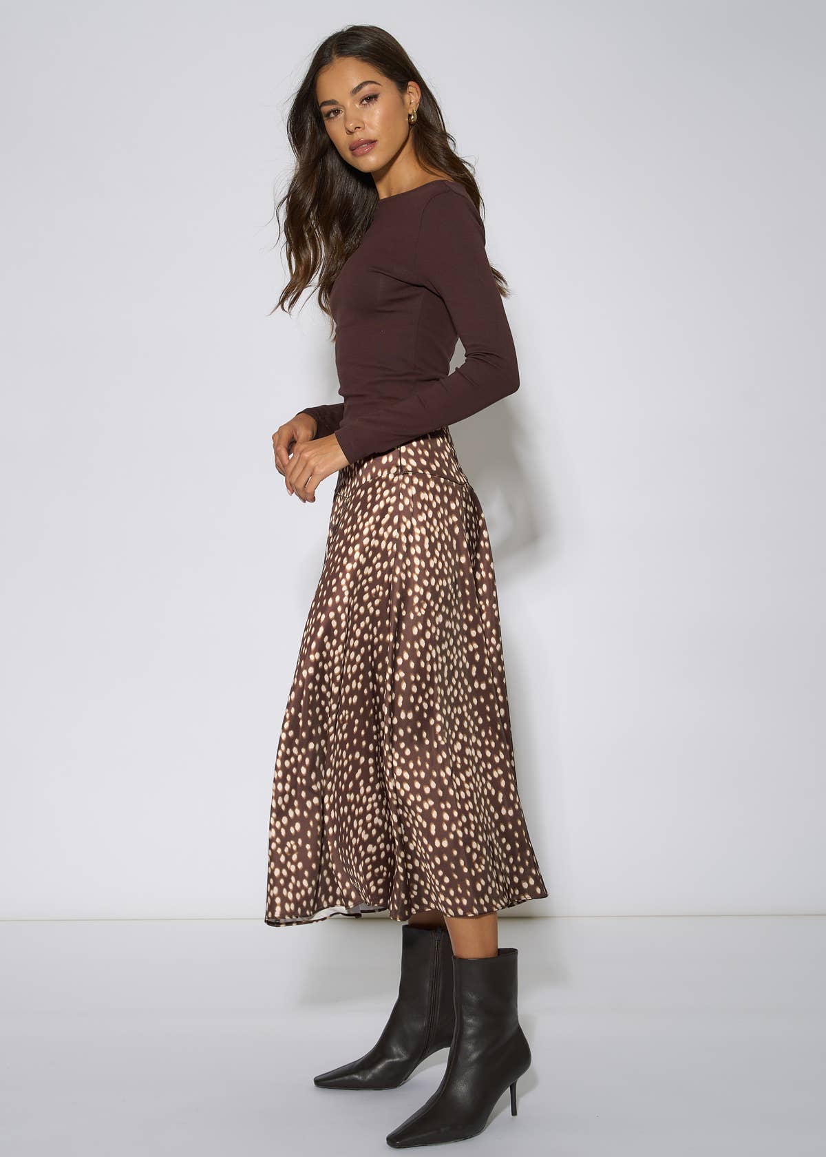 Brown Asymmetric Animal Print A Line Midi Skirt